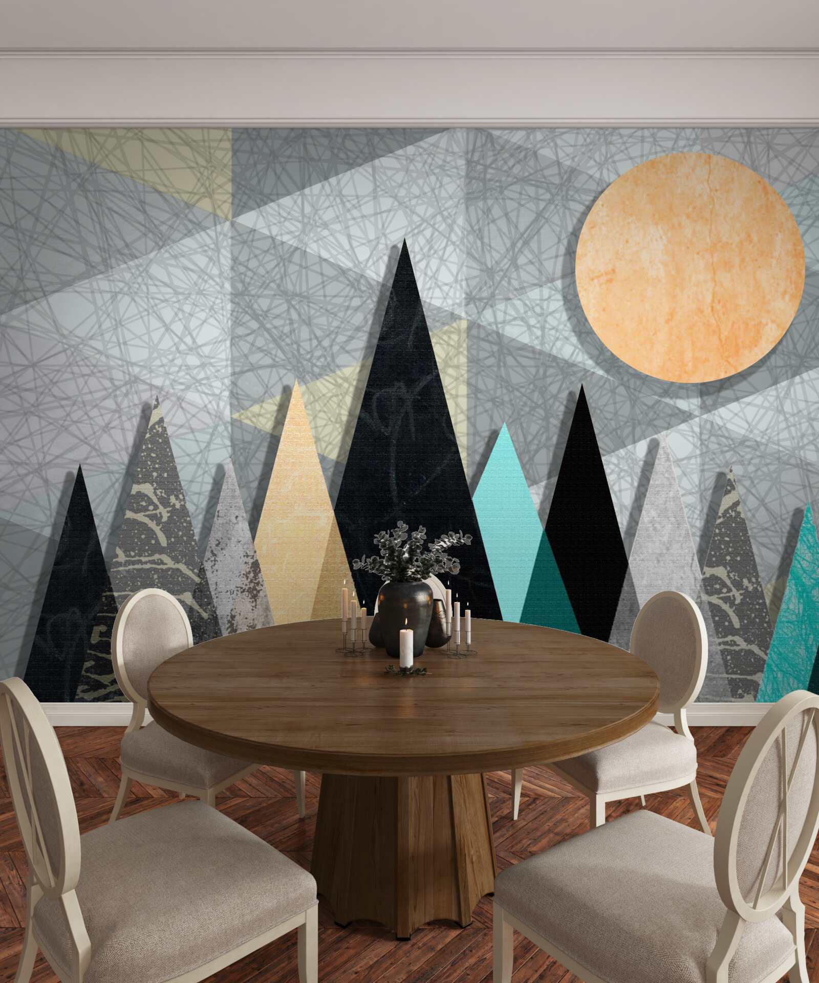 Papier peint coucher de soleil sur une forêt de pins