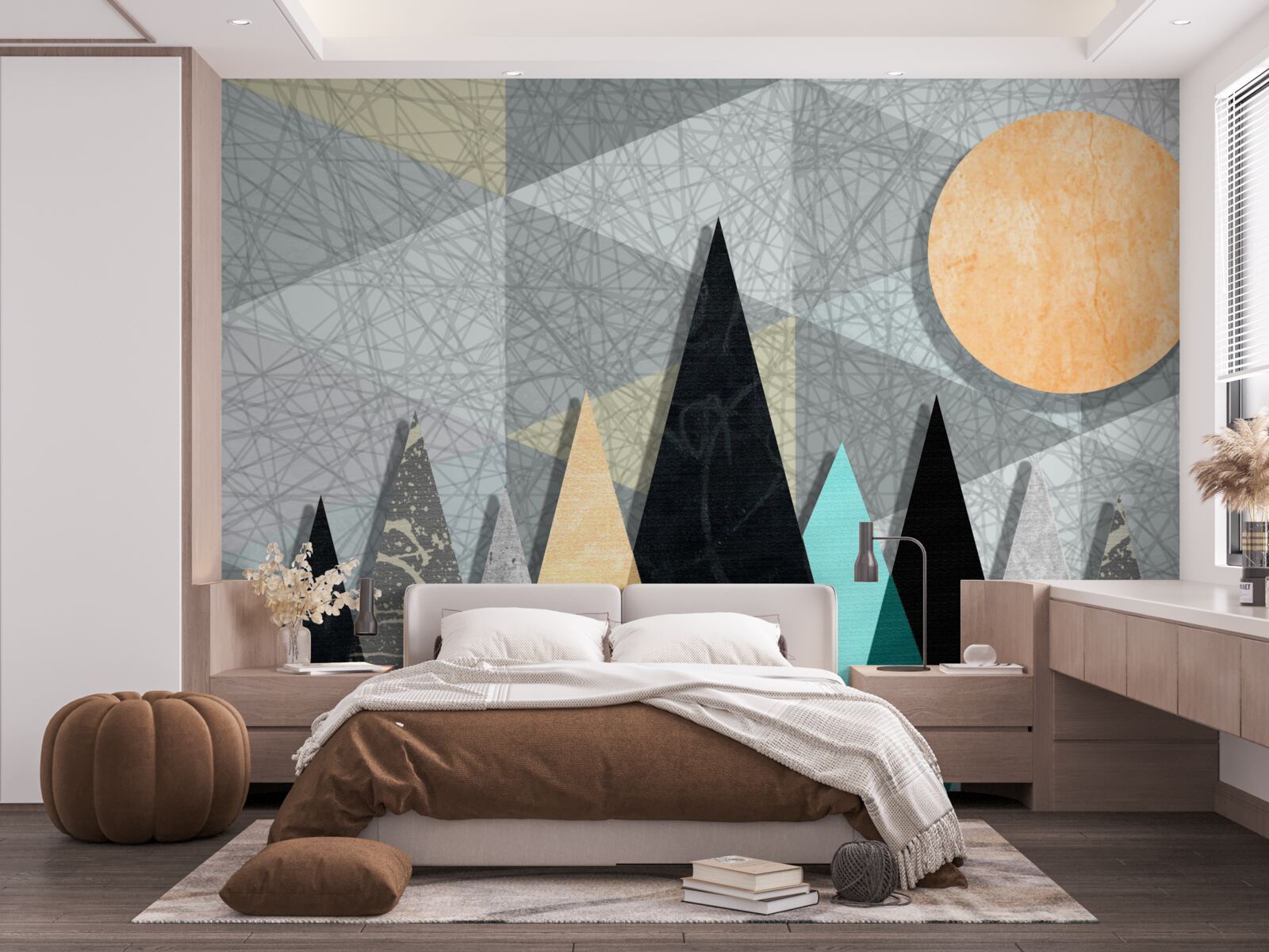 Papier peint coucher de soleil sur une forêt de pins