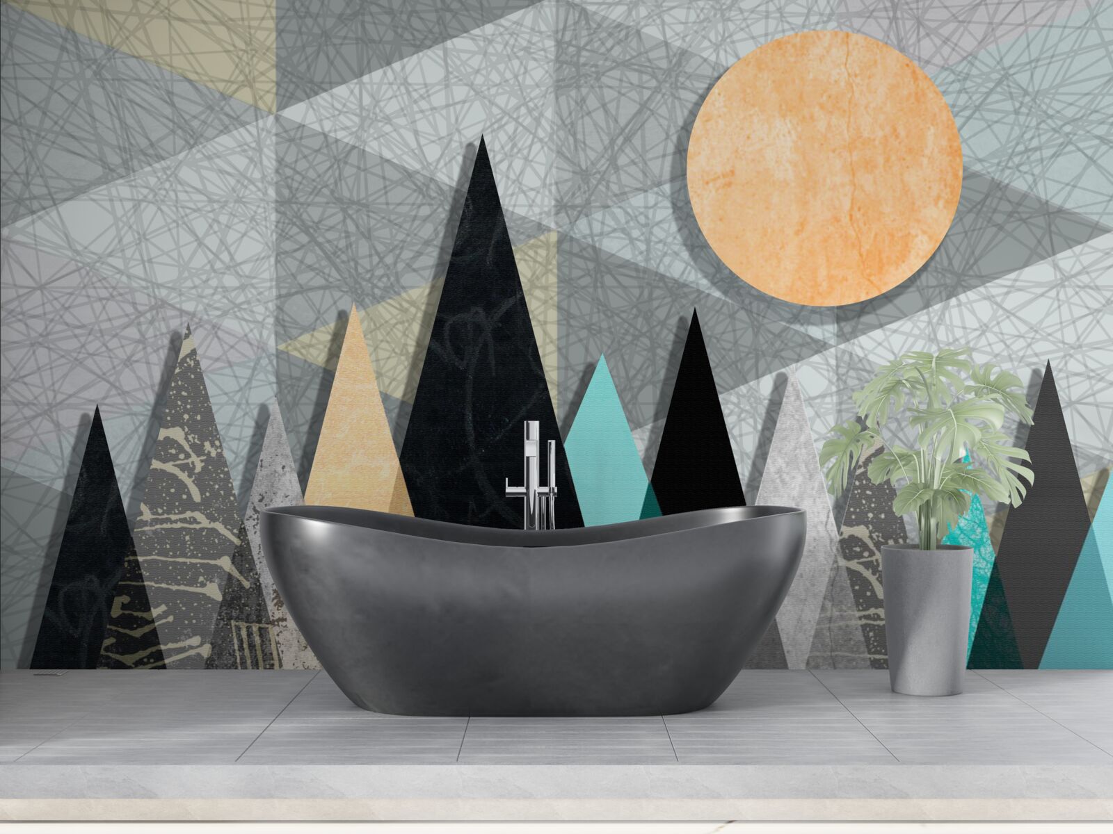 Papier peint coucher de soleil sur une forêt de pins