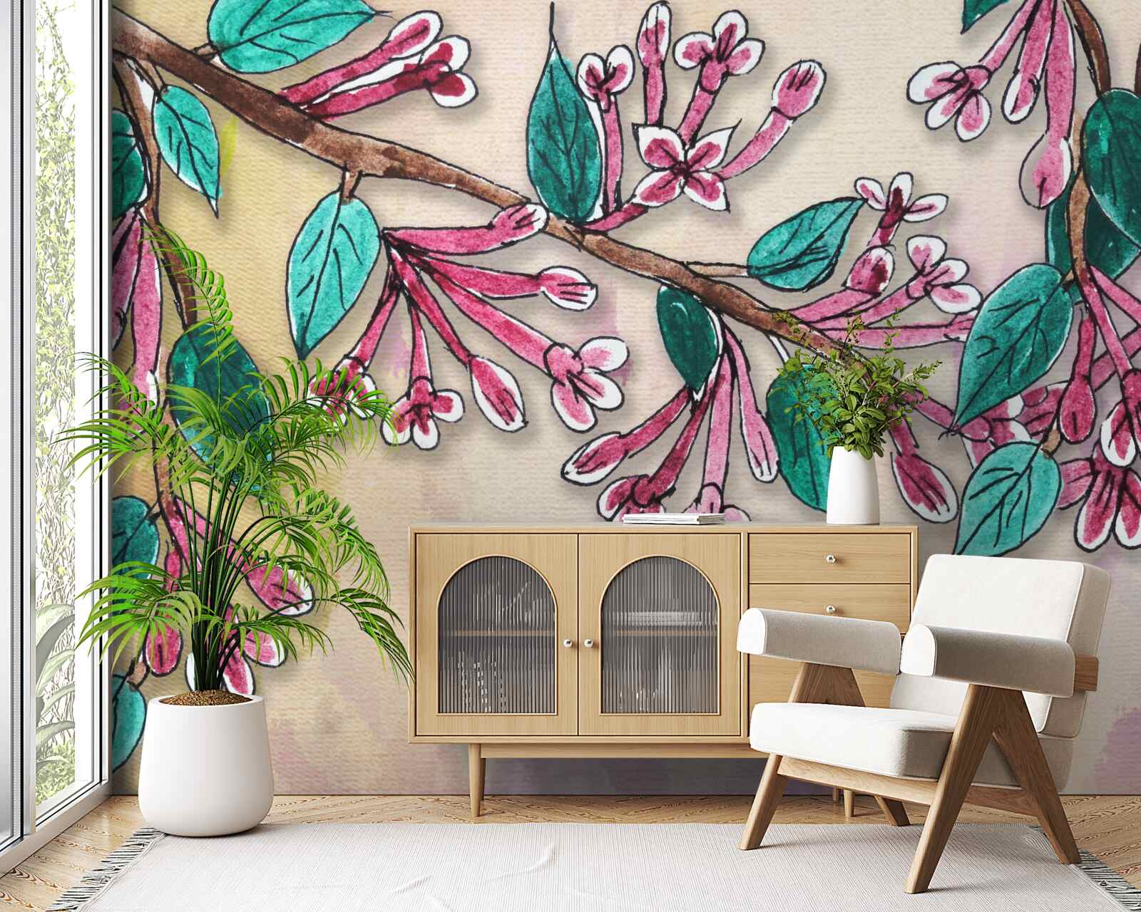 Papier peint branche de sakura fleurit et laisse un