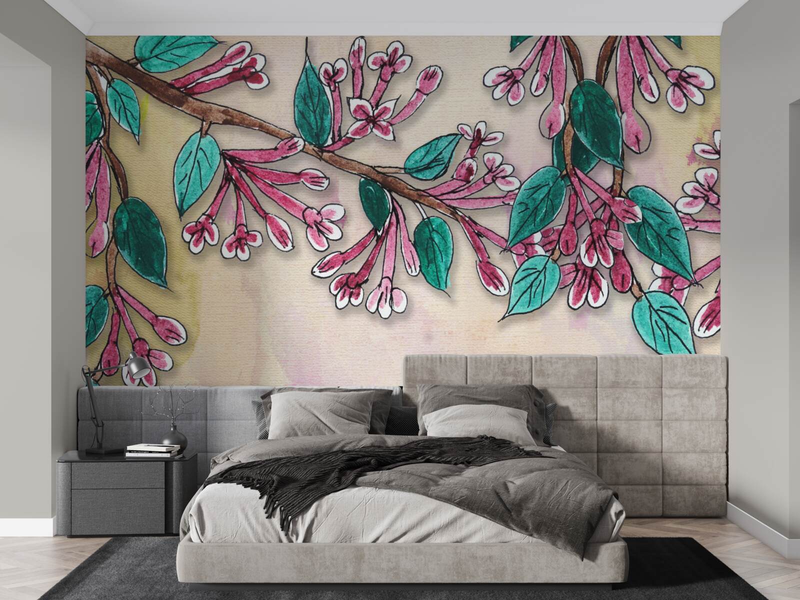 Papier peint branche de sakura fleurit et laisse un