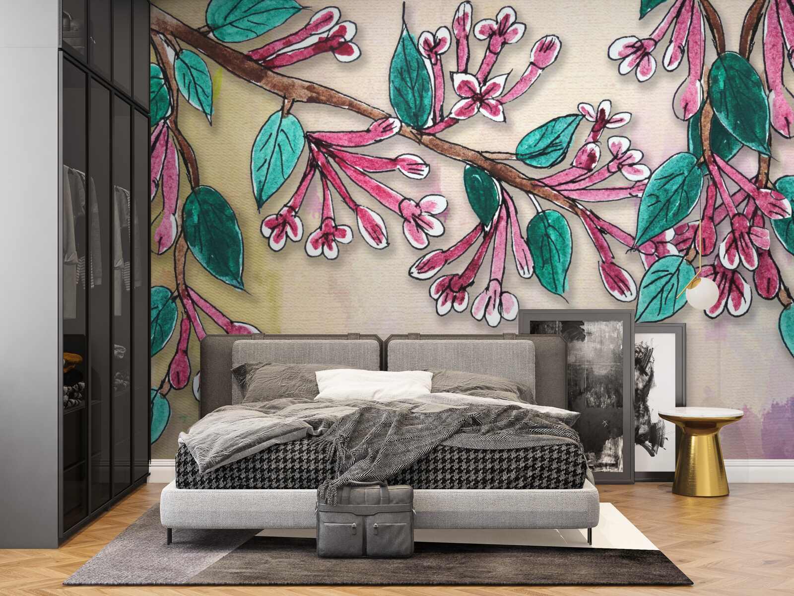 Papier peint branche de sakura fleurit et laisse un