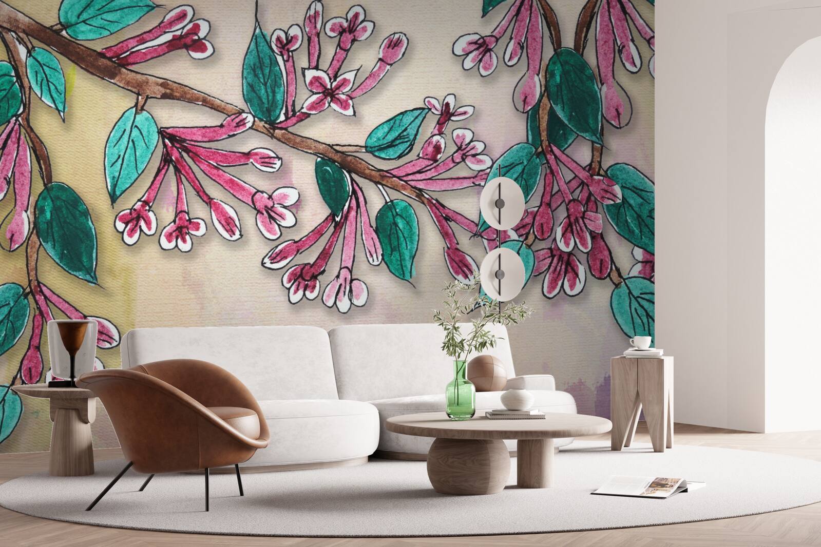 Papier peint branche de sakura fleurit et laisse un