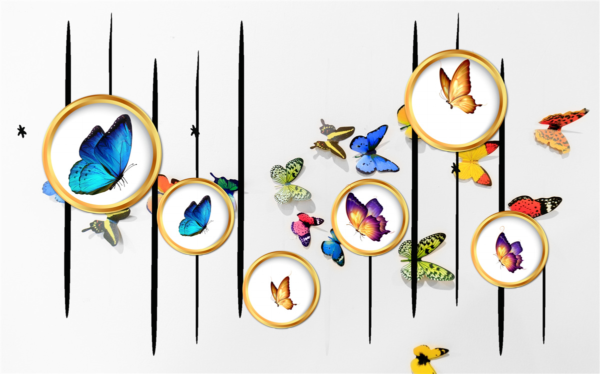 Papier peint sur fond blanc, des papillons entourés de cercles dorés