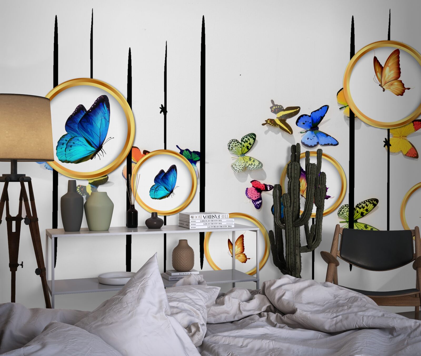 Papier peint sur fond blanc, des papillons entourés de cercles dorés