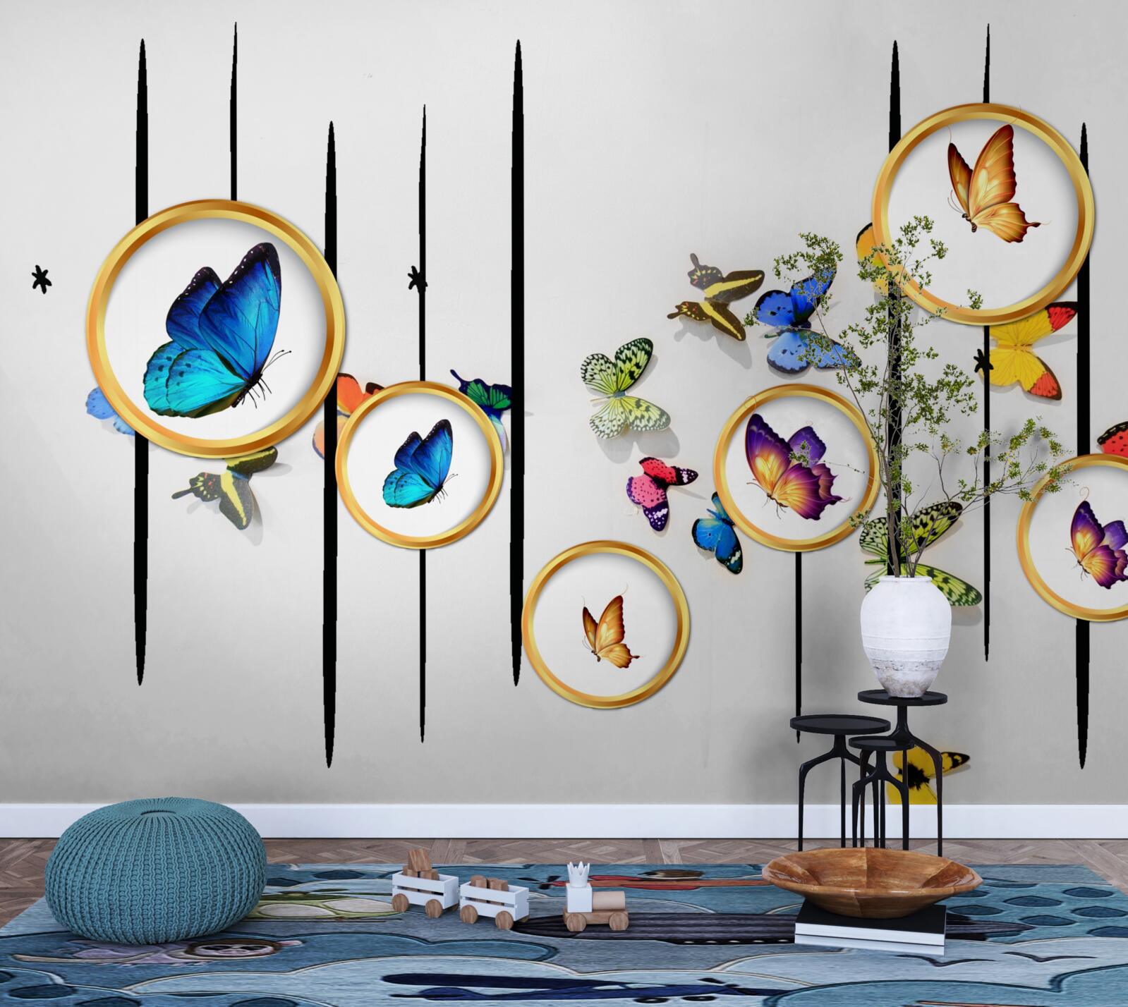 Papier peint sur fond blanc, des papillons entourés de cercles dorés