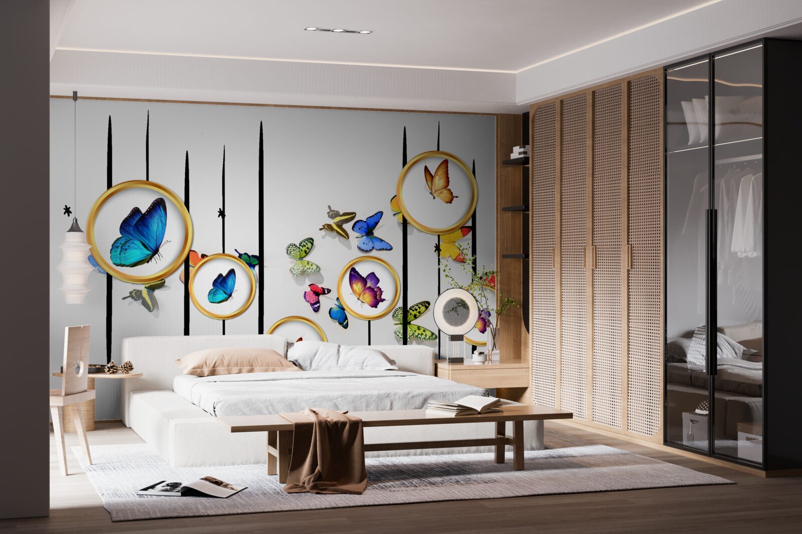 Papier peint sur fond blanc, des papillons entourés de cercles dorés