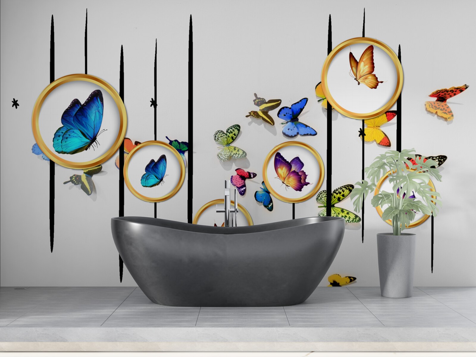 Papier peint sur fond blanc, des papillons entourés de cercles dorés