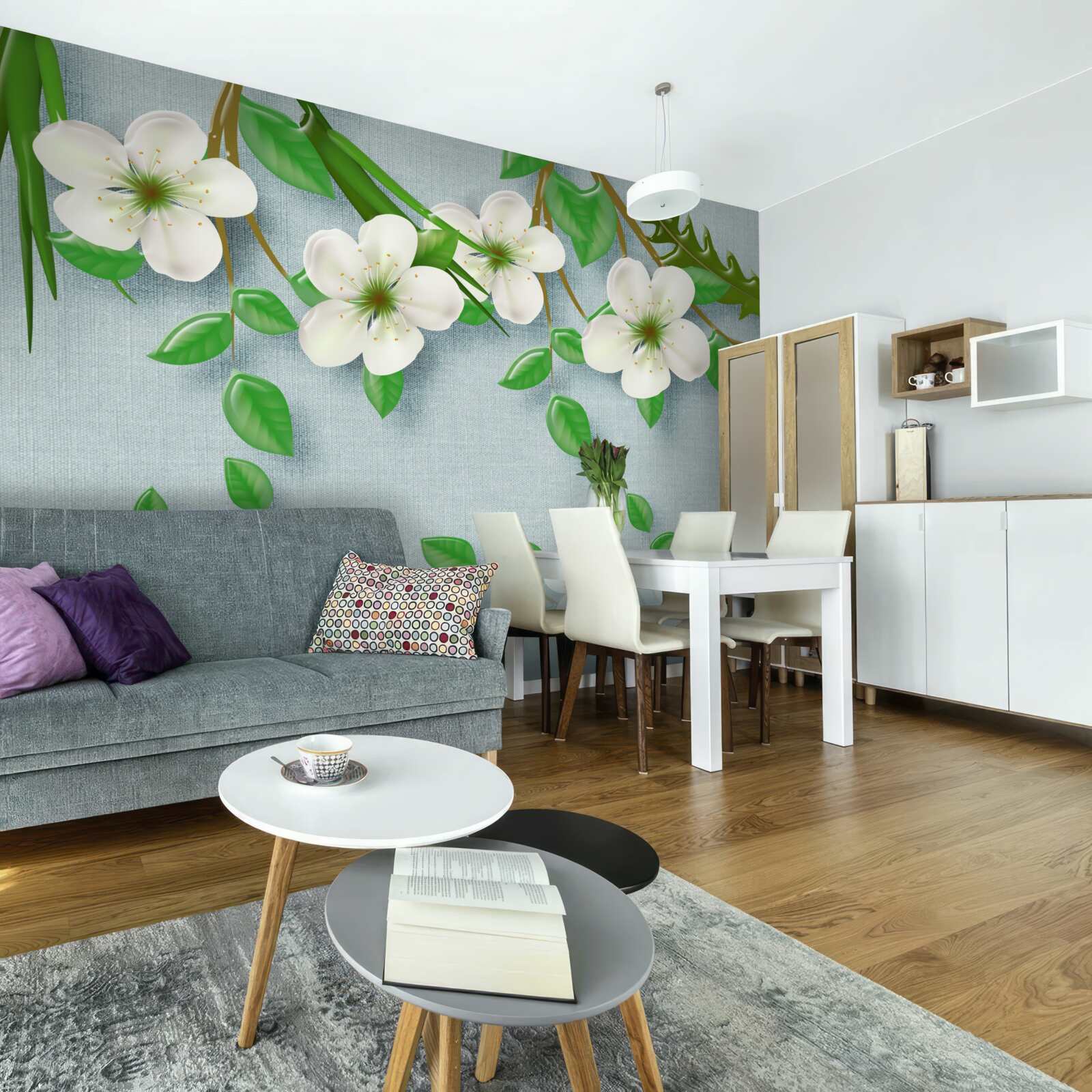 Papier peint arbres en fleurs au printemps sur fond de ciel bleu