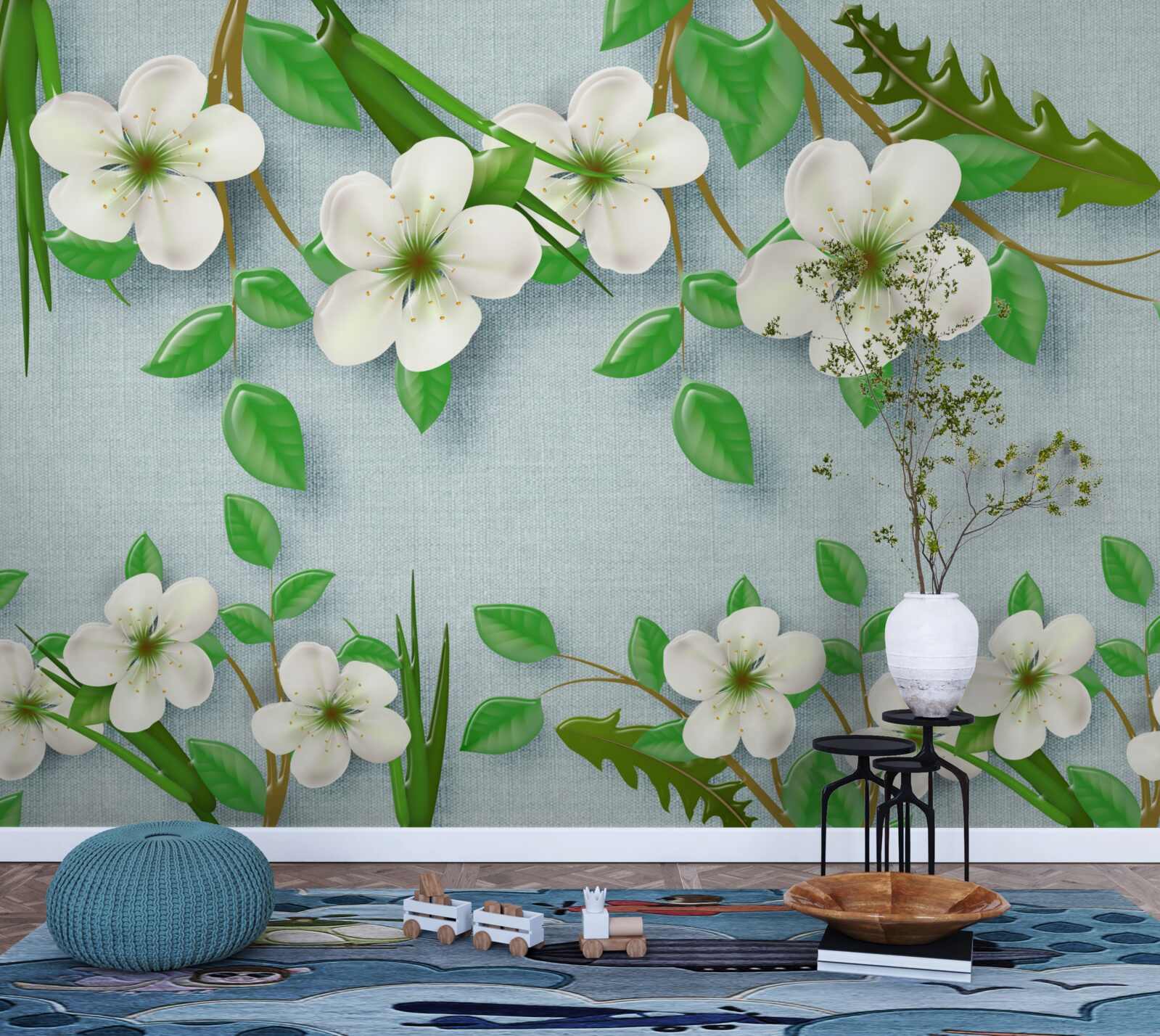 Papier peint arbres en fleurs au printemps sur fond de ciel bleu