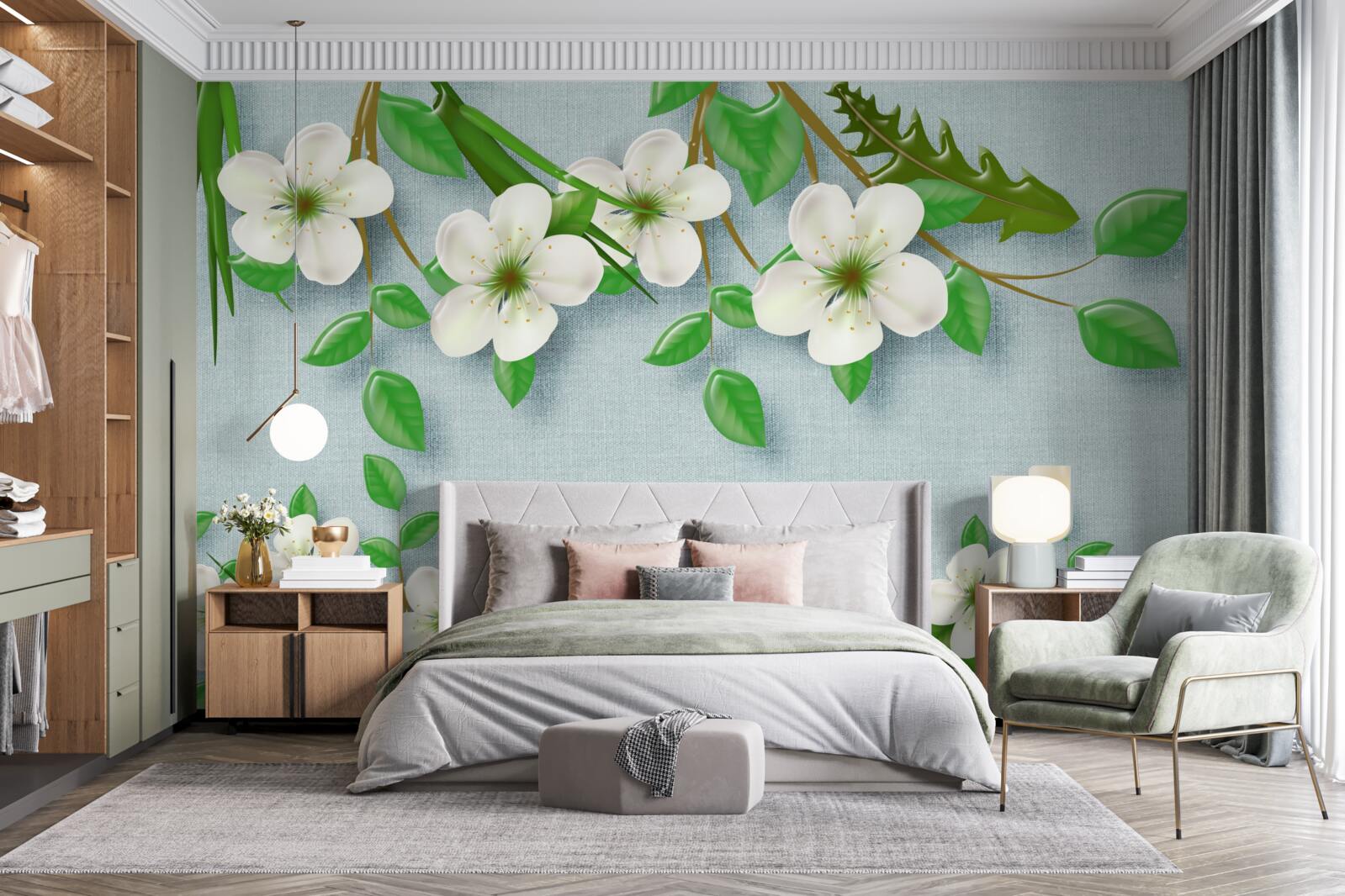 Papier peint arbres en fleurs au printemps sur fond de ciel bleu