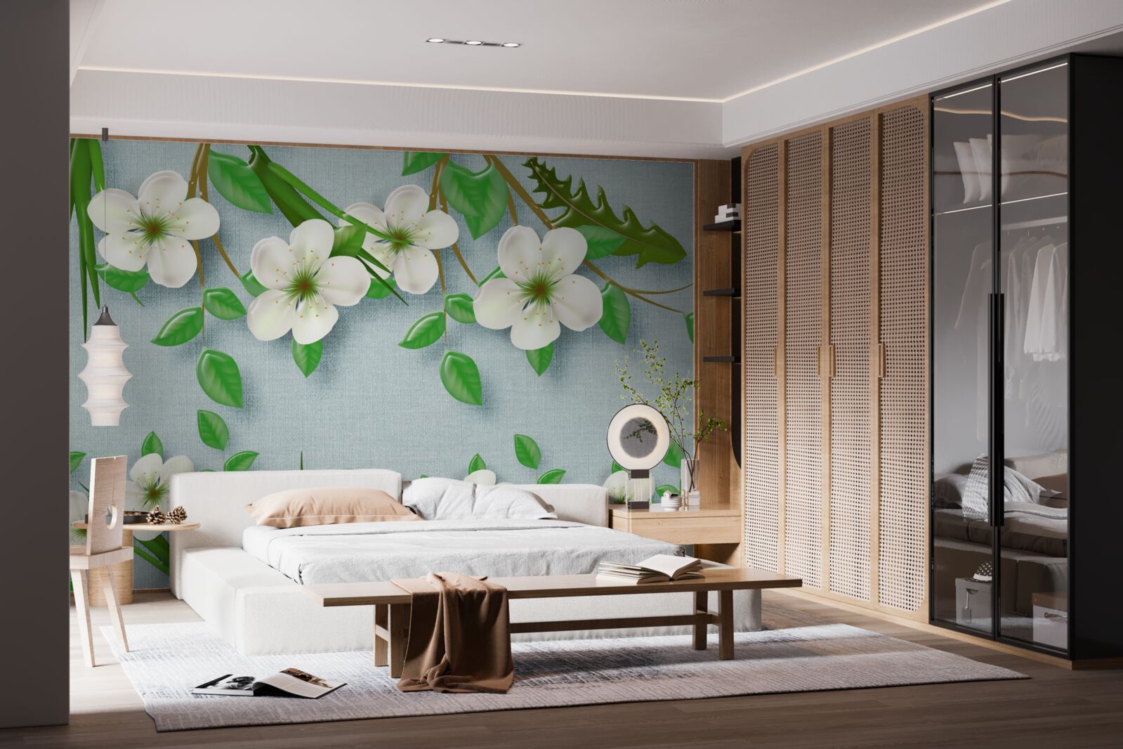 Papier peint arbres en fleurs au printemps sur fond de ciel bleu