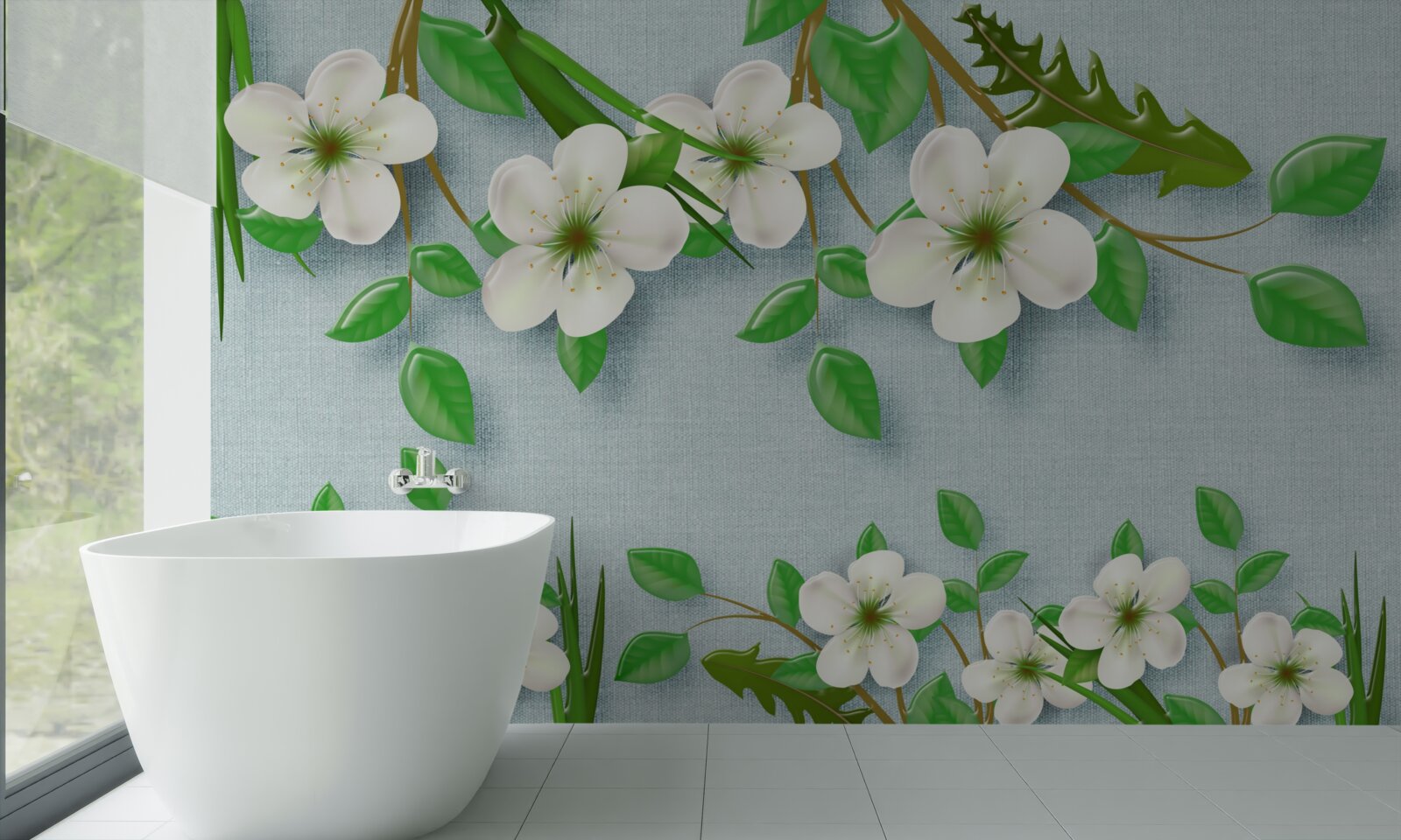 Papier peint arbres en fleurs au printemps sur fond de ciel bleu