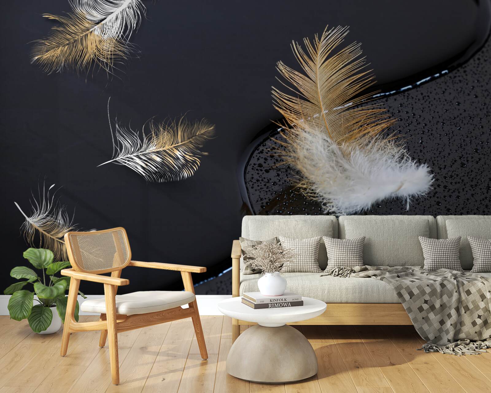 Papier peint le duvet doux en blanc neige et or