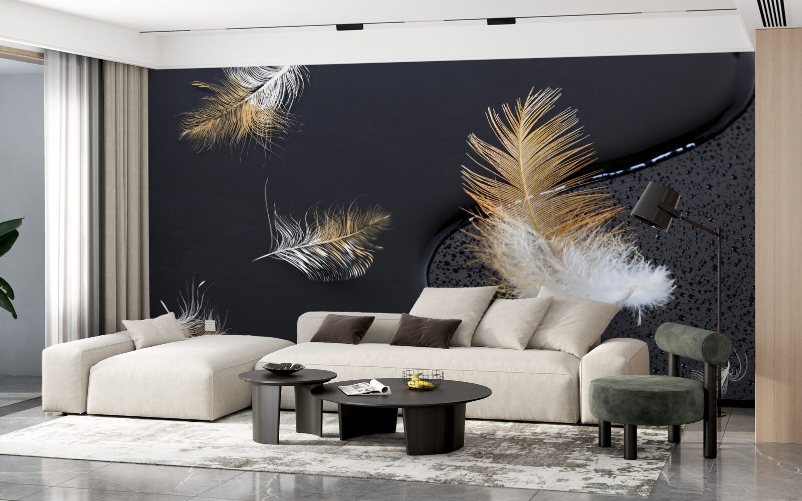 Papier peint le duvet doux en blanc neige et or