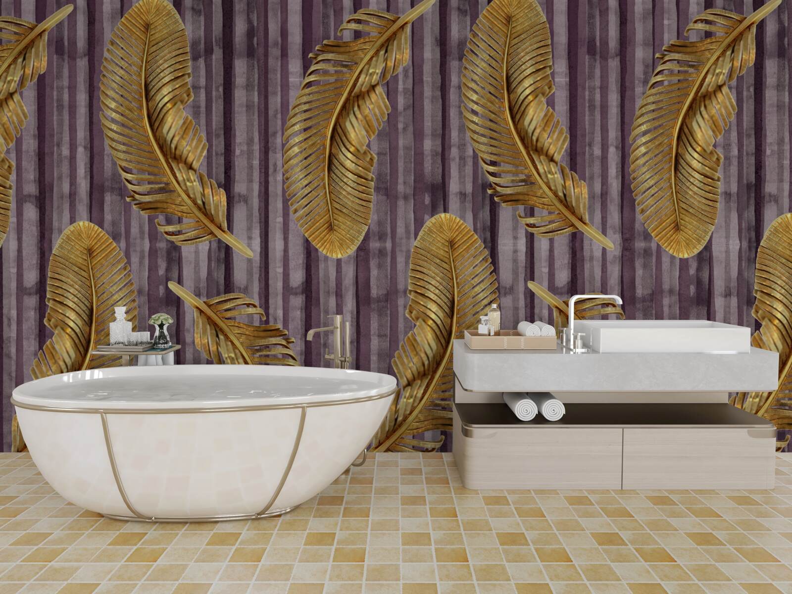 Papier peint fond violet décoré de plumes d'or