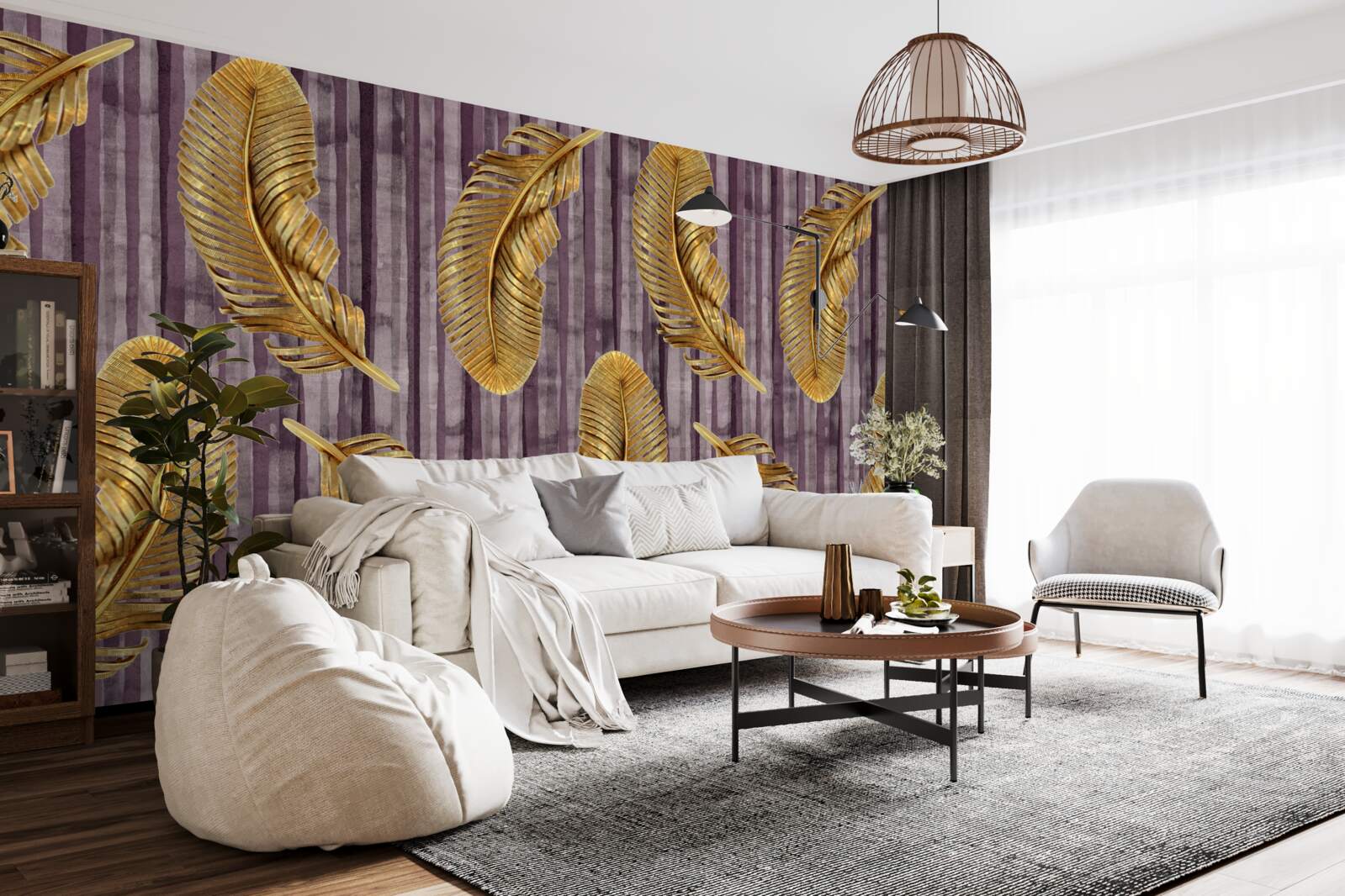 Papier peint fond violet décoré de plumes d'or