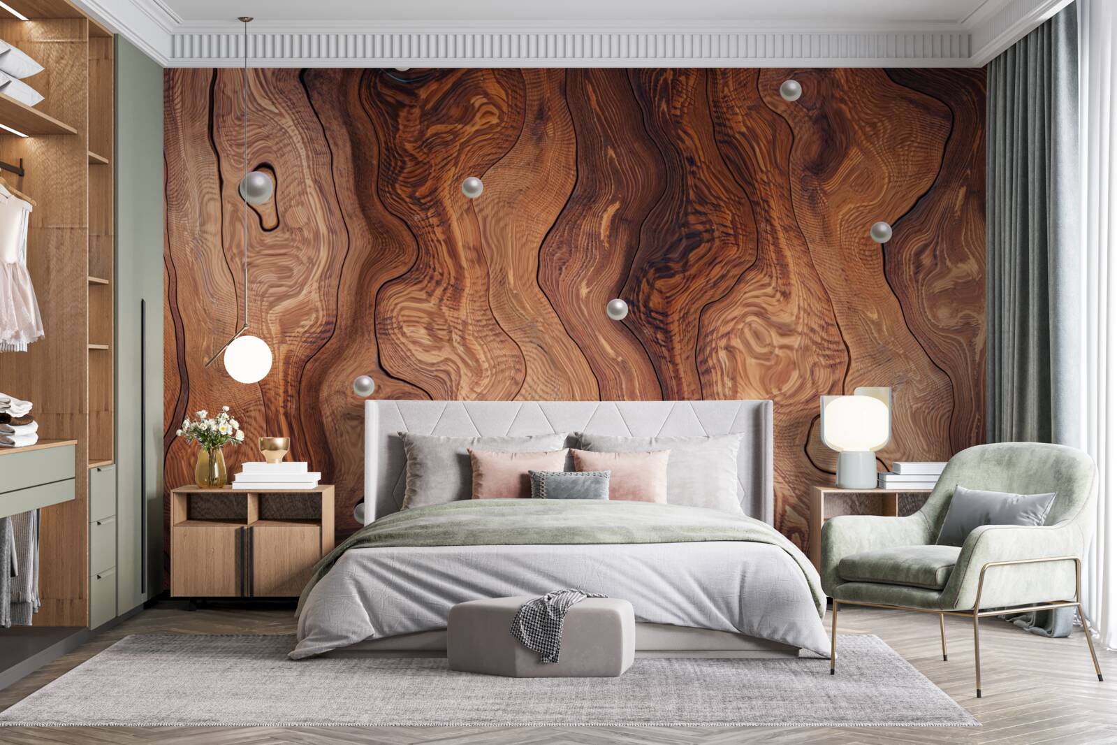 Papier peint bois texturé et perles