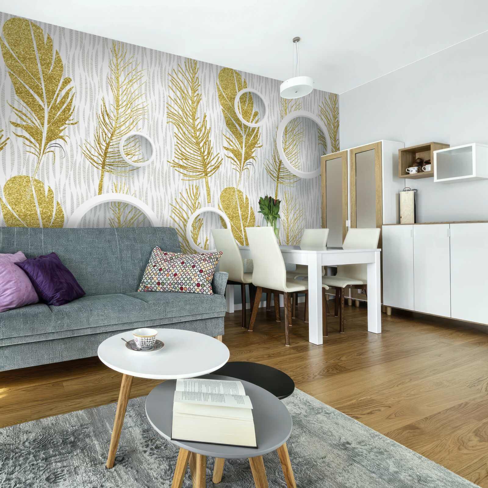 Papier peint plumes d'or et cercles blancs de neige