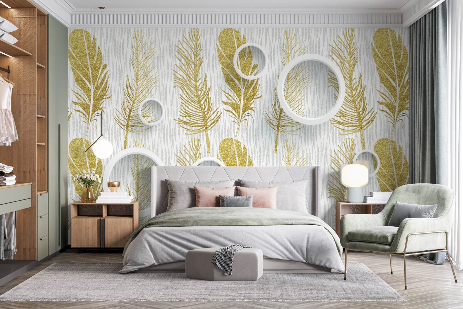 Papier peint plumes d'or et cercles blancs de neige