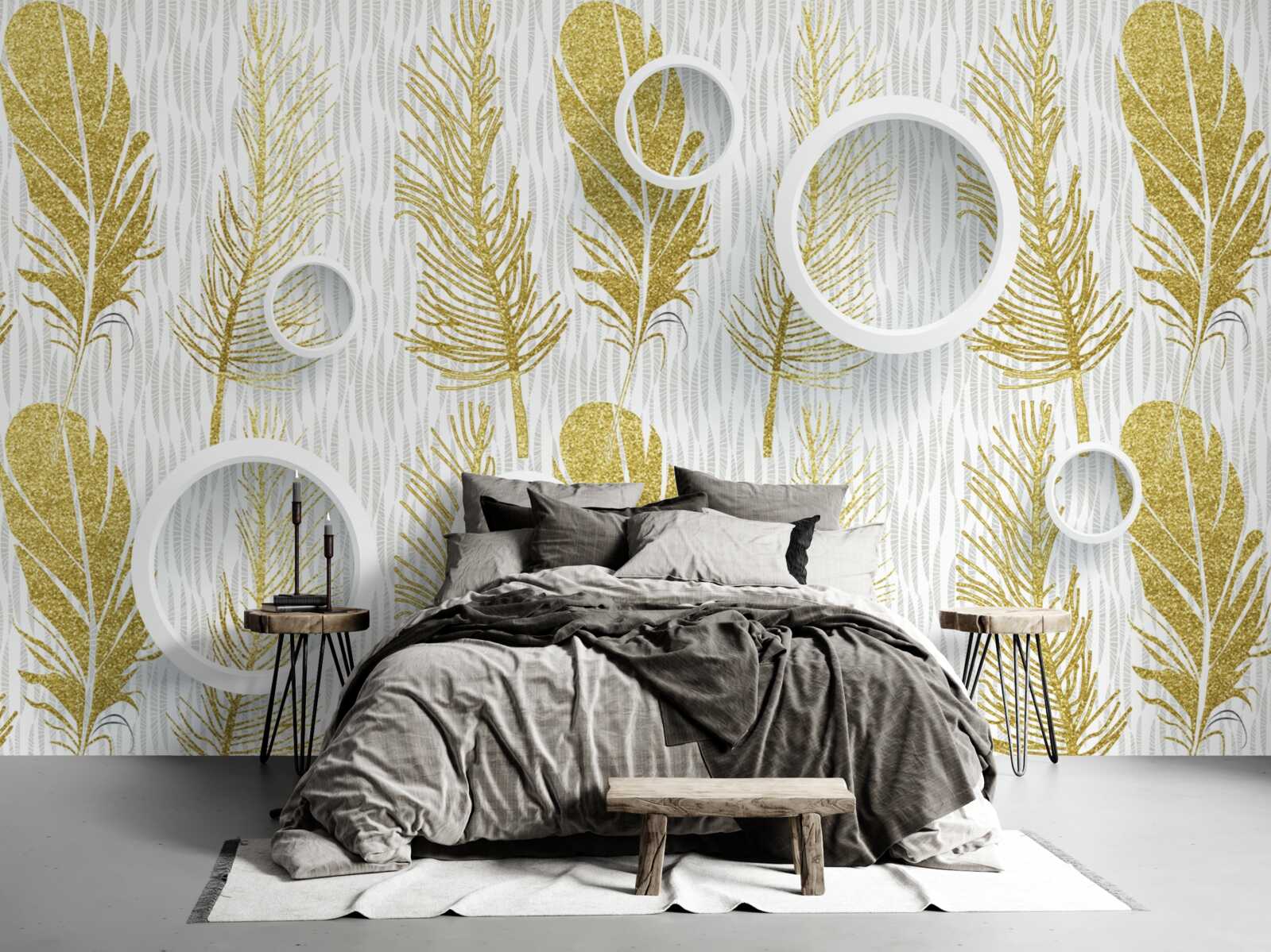 Papier peint plumes d'or et cercles blancs de neige