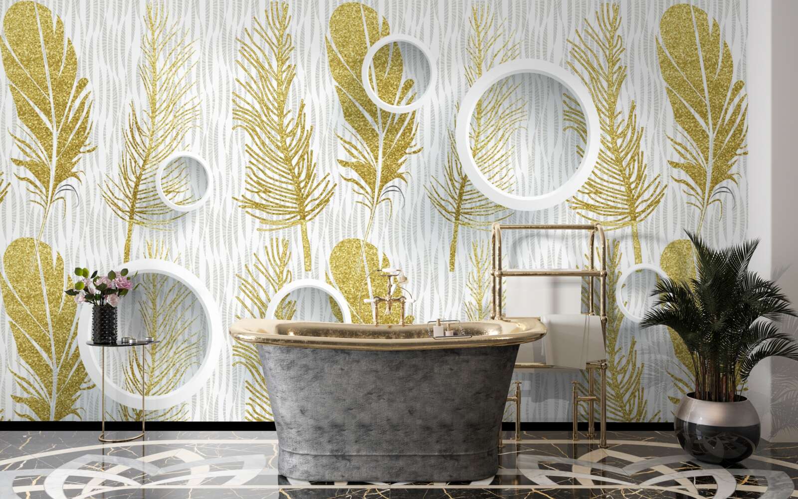 Papier peint plumes d'or et cercles blancs de neige