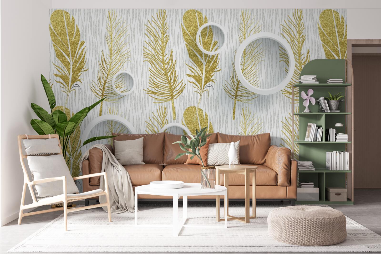 Papier peint plumes d'or et cercles blancs de neige