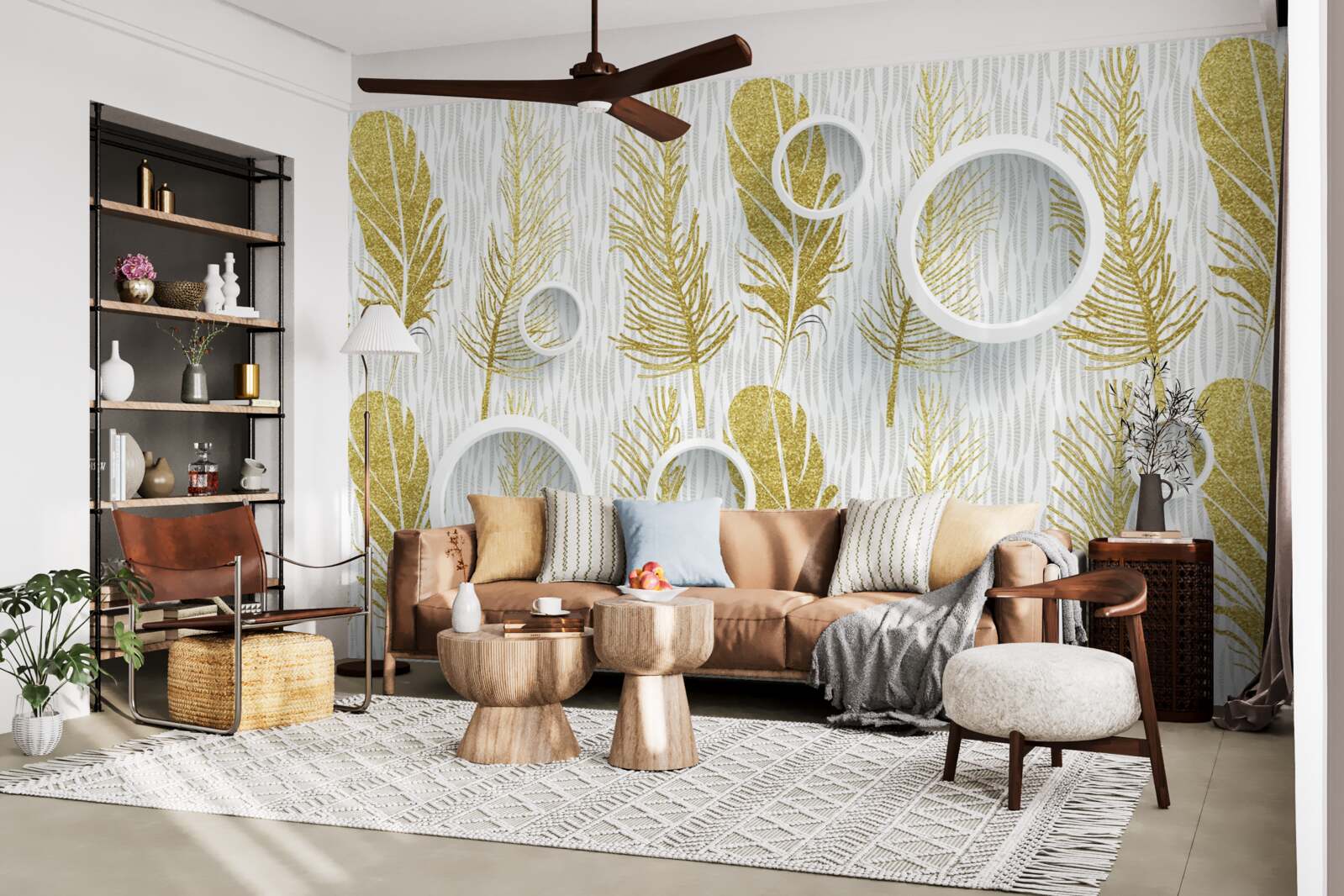 Papier peint plumes d'or et cercles blancs de neige