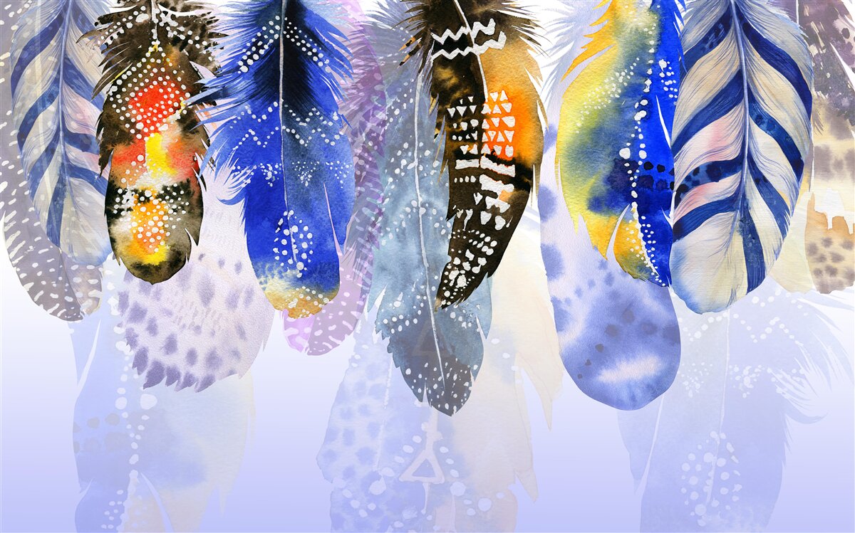 Papier peint plumes diverses suspendues
