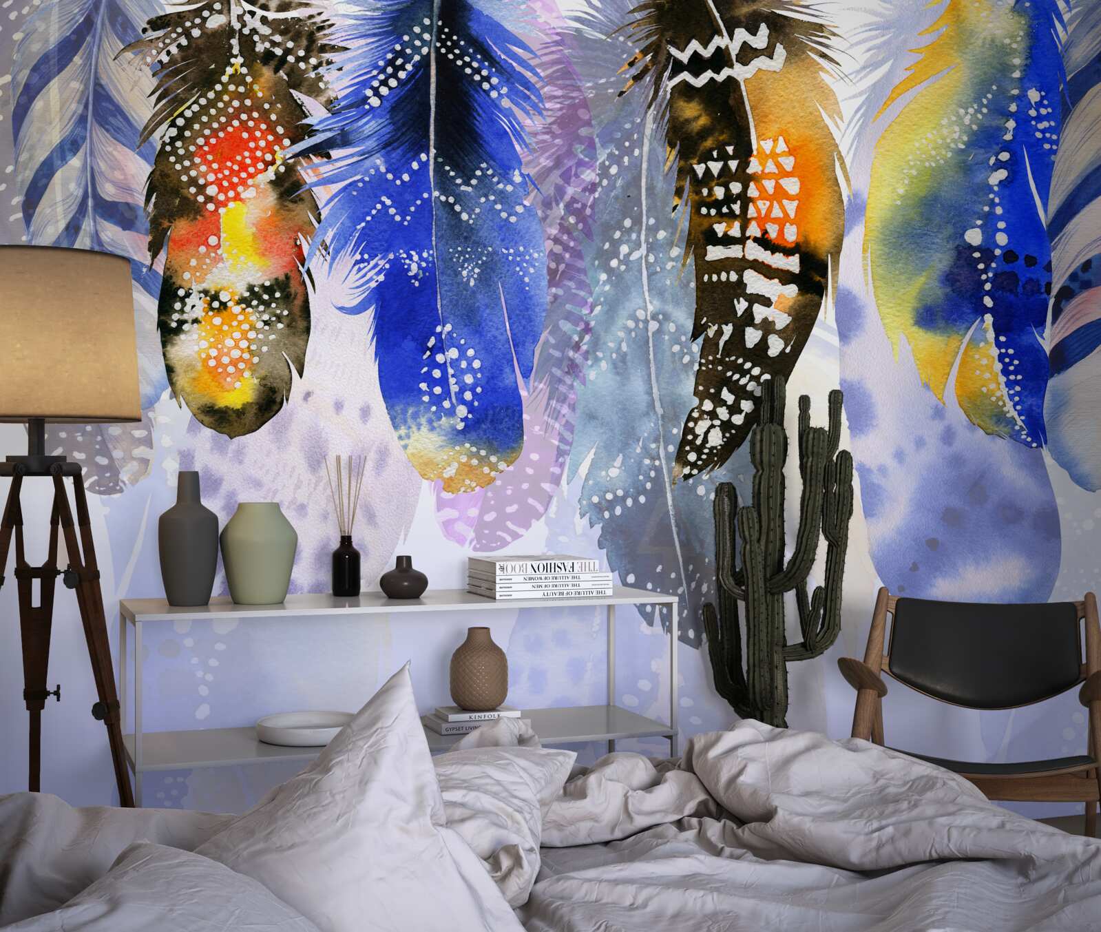 Papier peint plumes diverses suspendues