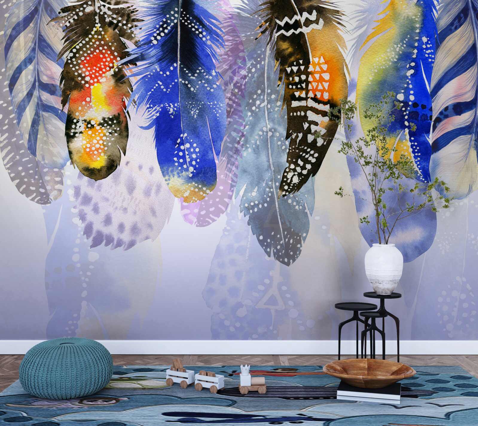 Papier peint plumes diverses suspendues