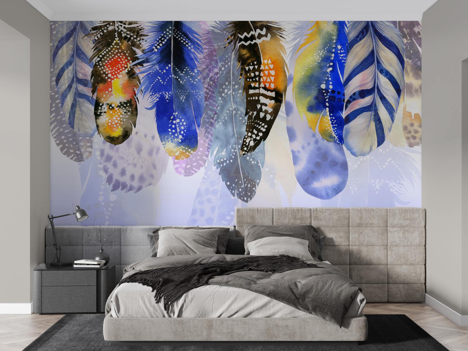 Papier peint plumes diverses suspendues