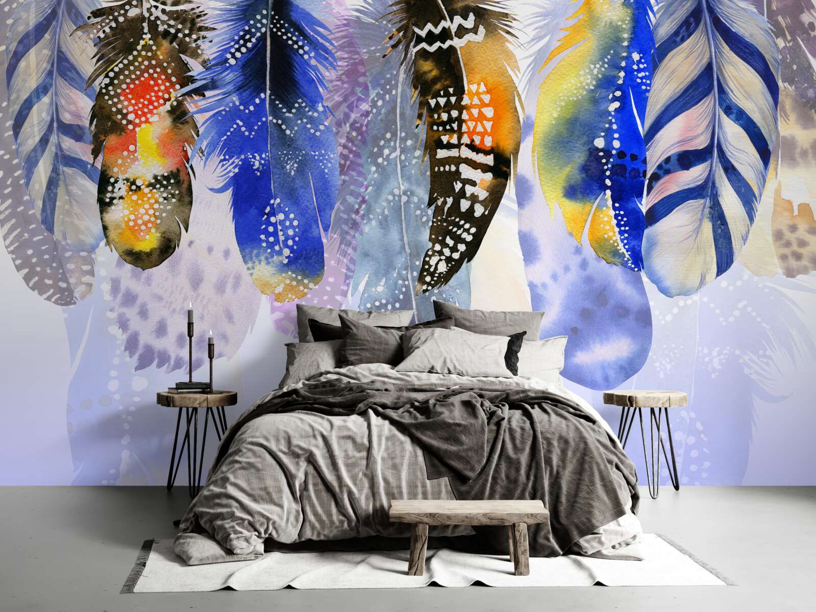 Papier peint plumes diverses suspendues