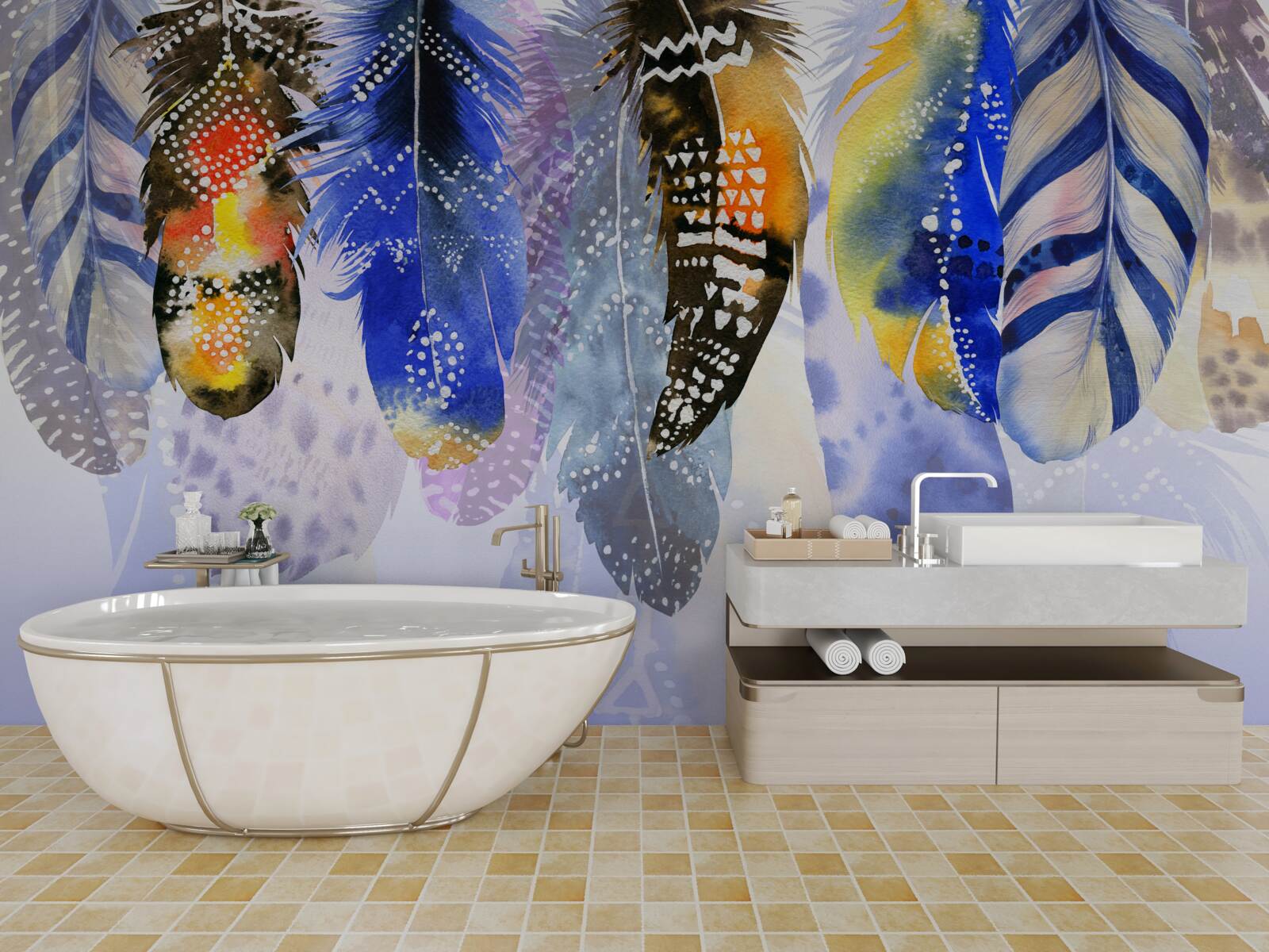 Papier peint plumes diverses suspendues