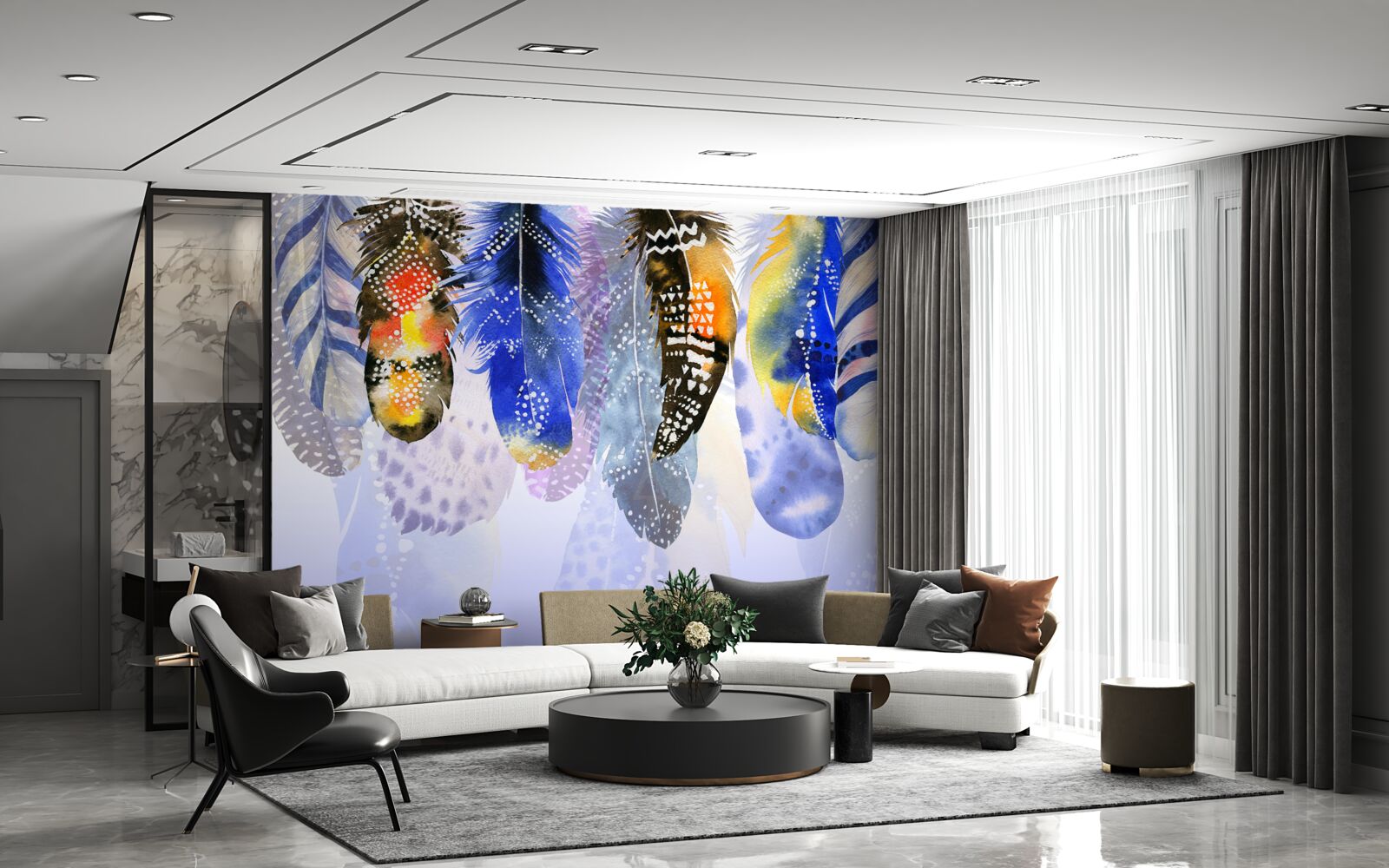 Papier peint plumes diverses suspendues