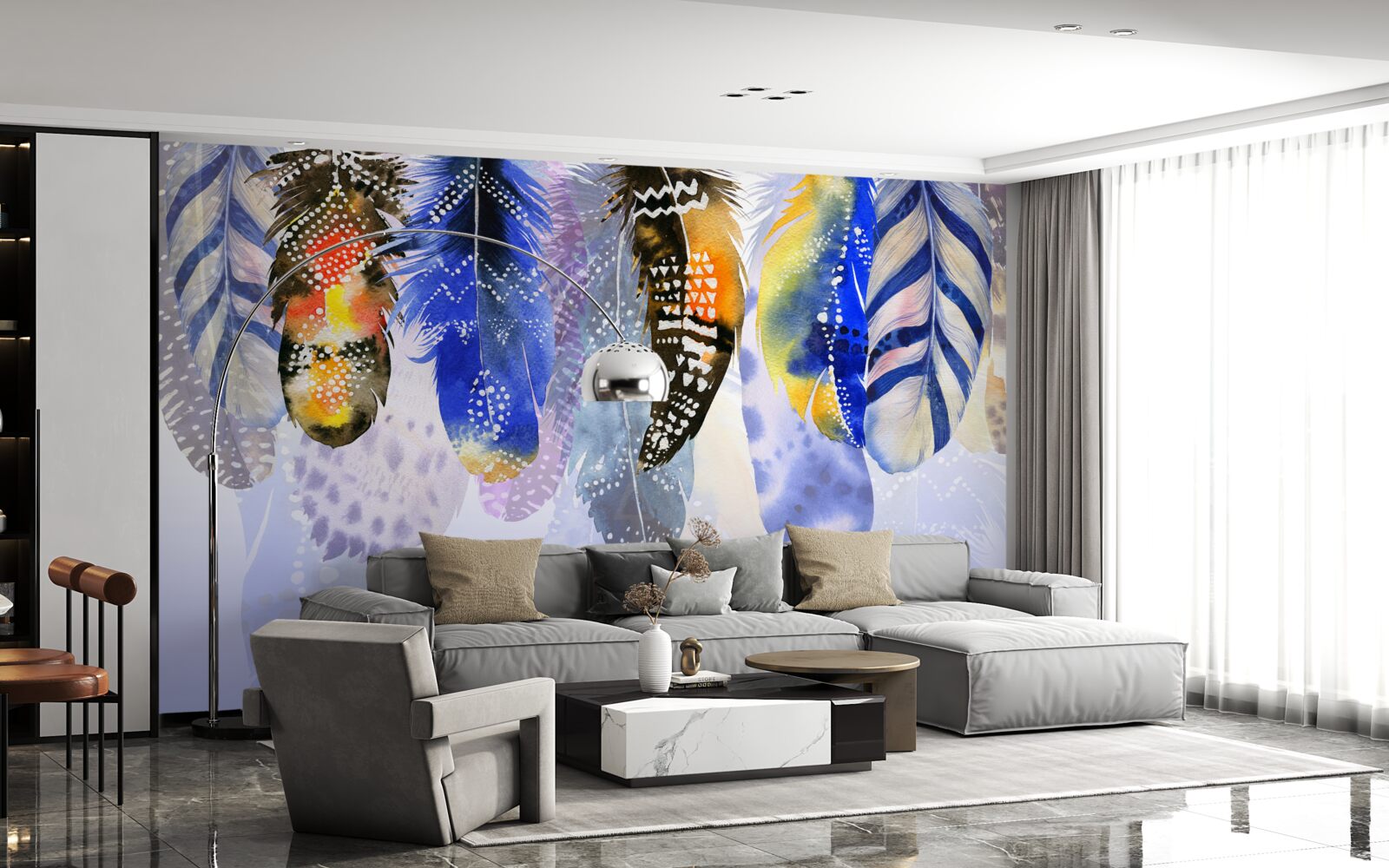 Papier peint plumes diverses suspendues