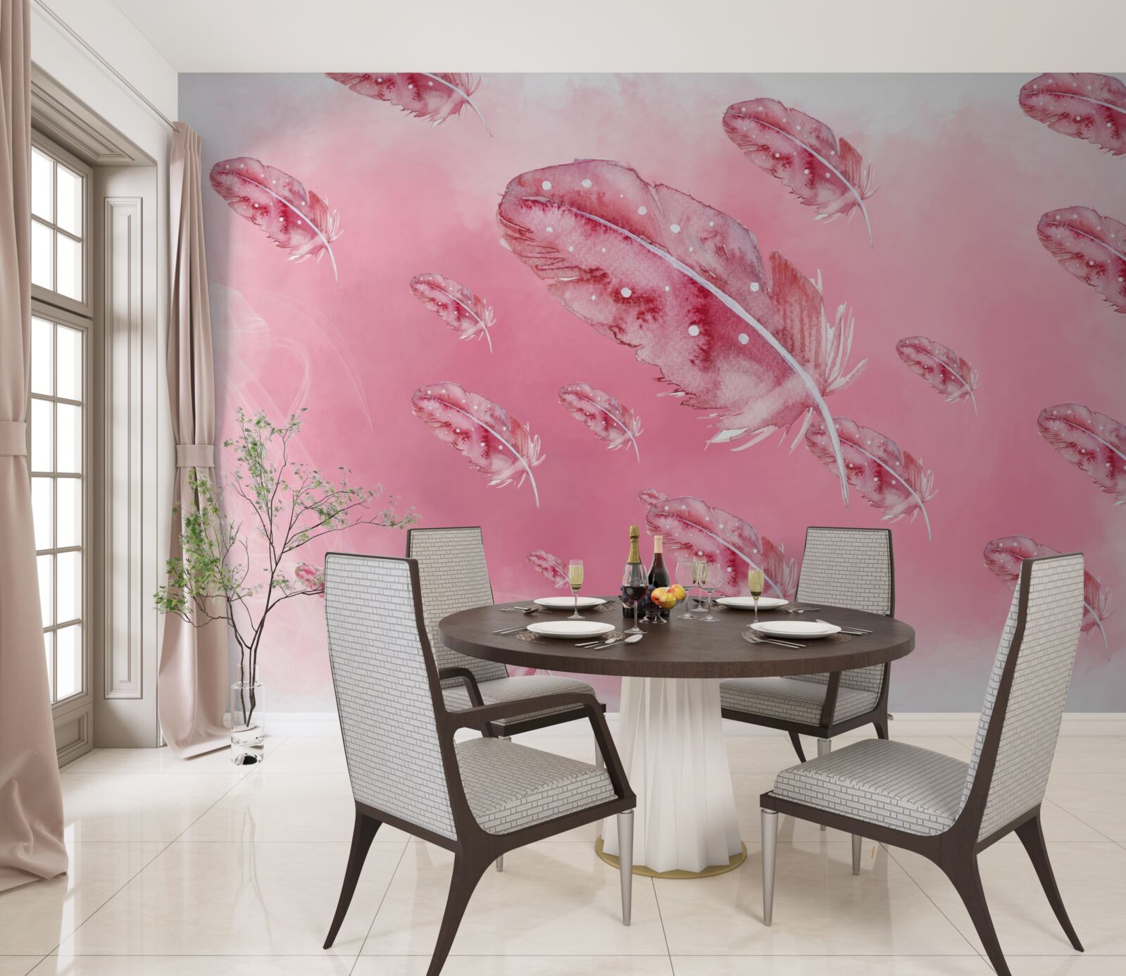 Papier peint plumes roses sur fond rose