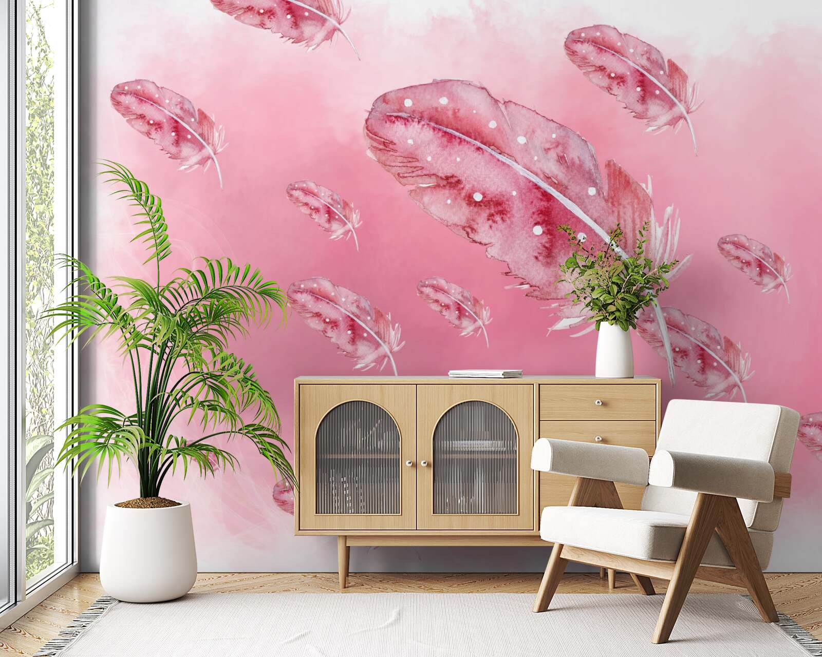 Papier peint plumes roses sur fond rose