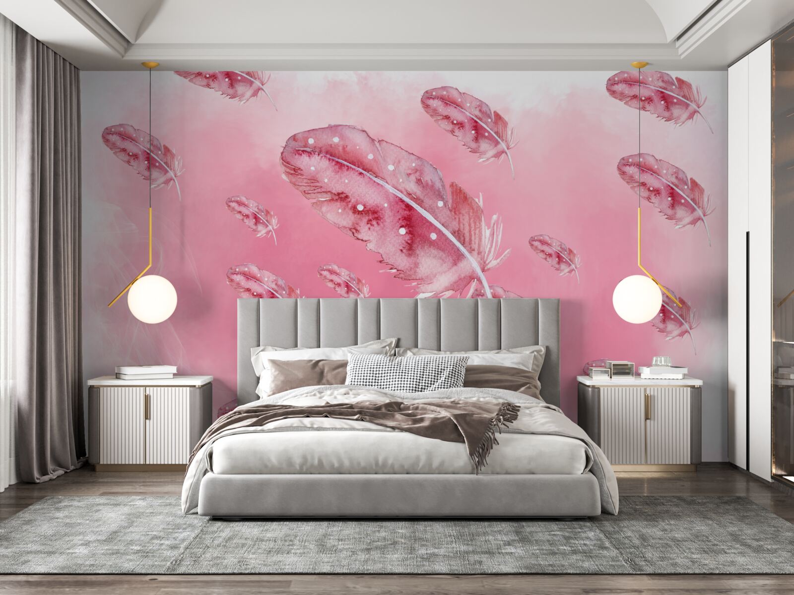 Papier peint plumes roses sur fond rose