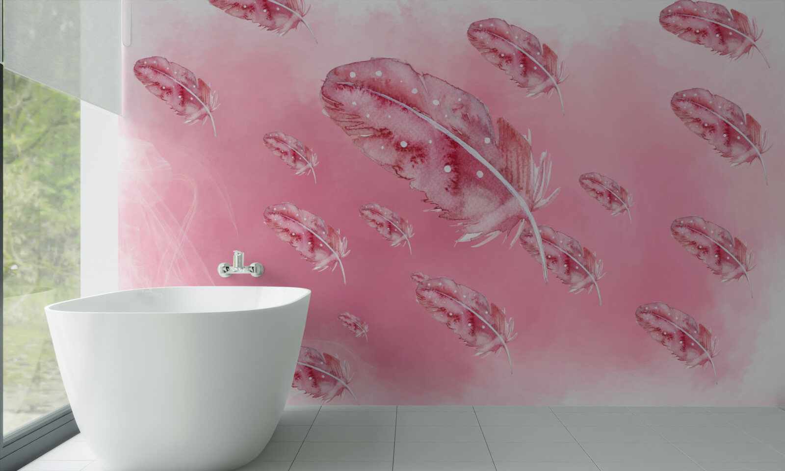 Papier peint plumes roses sur fond rose