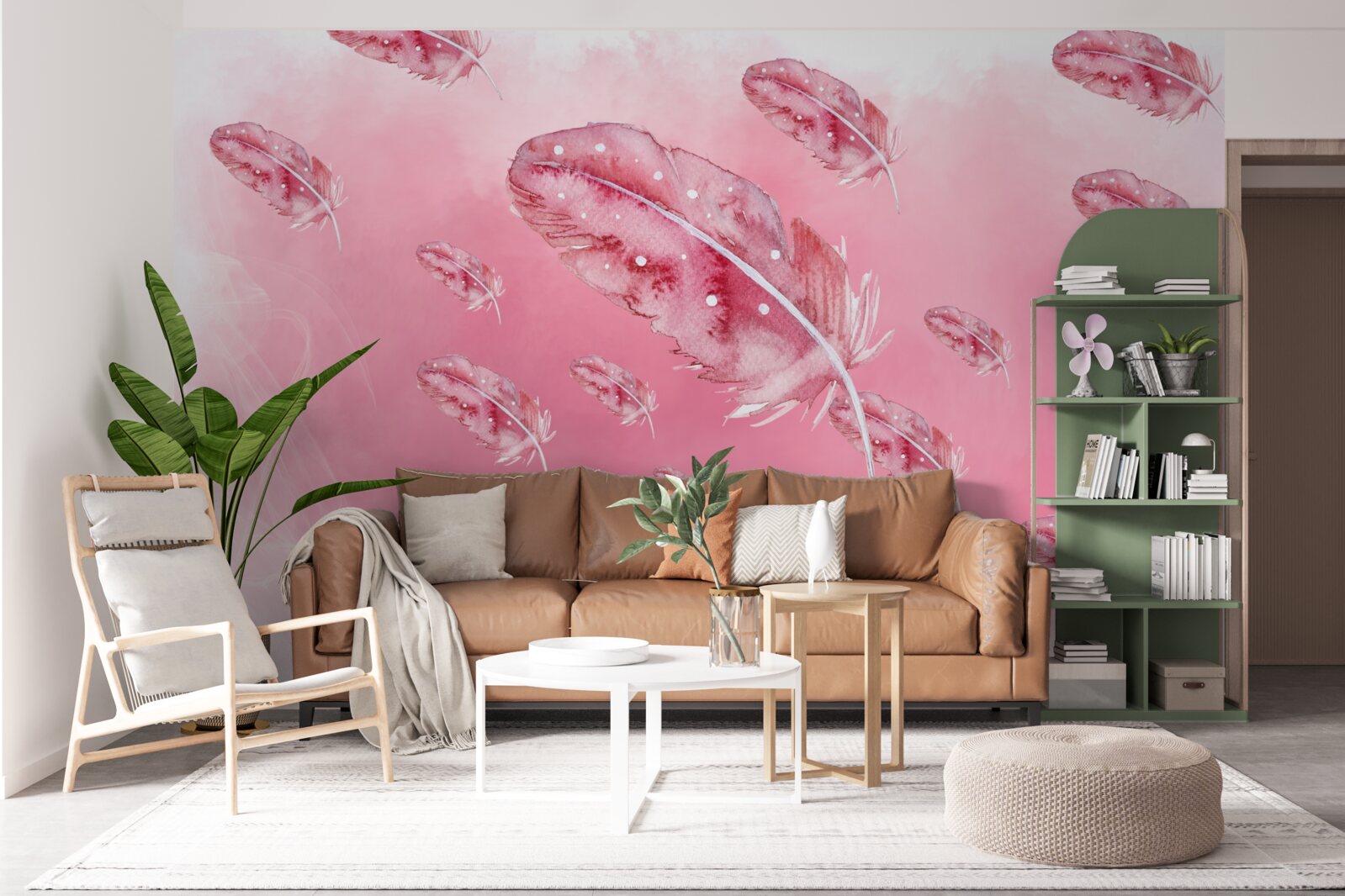 Papier peint plumes roses sur fond rose