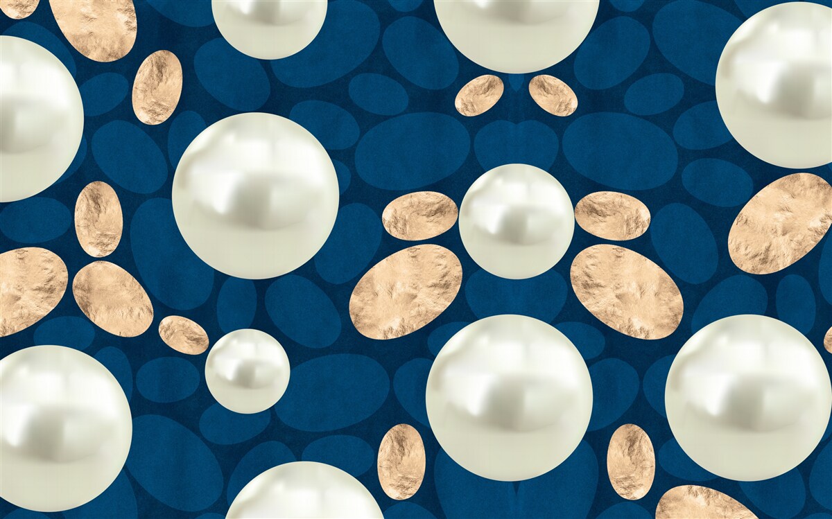 Papier peint cristaux d'or et perles blanches