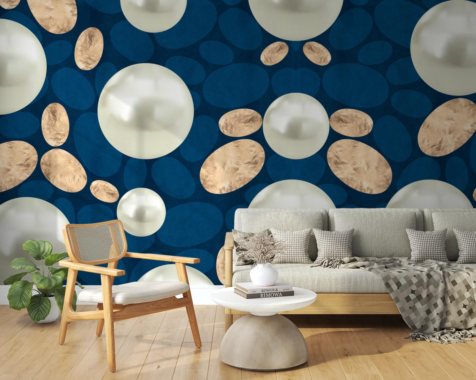 Papier peint cristaux d'or et perles blanches