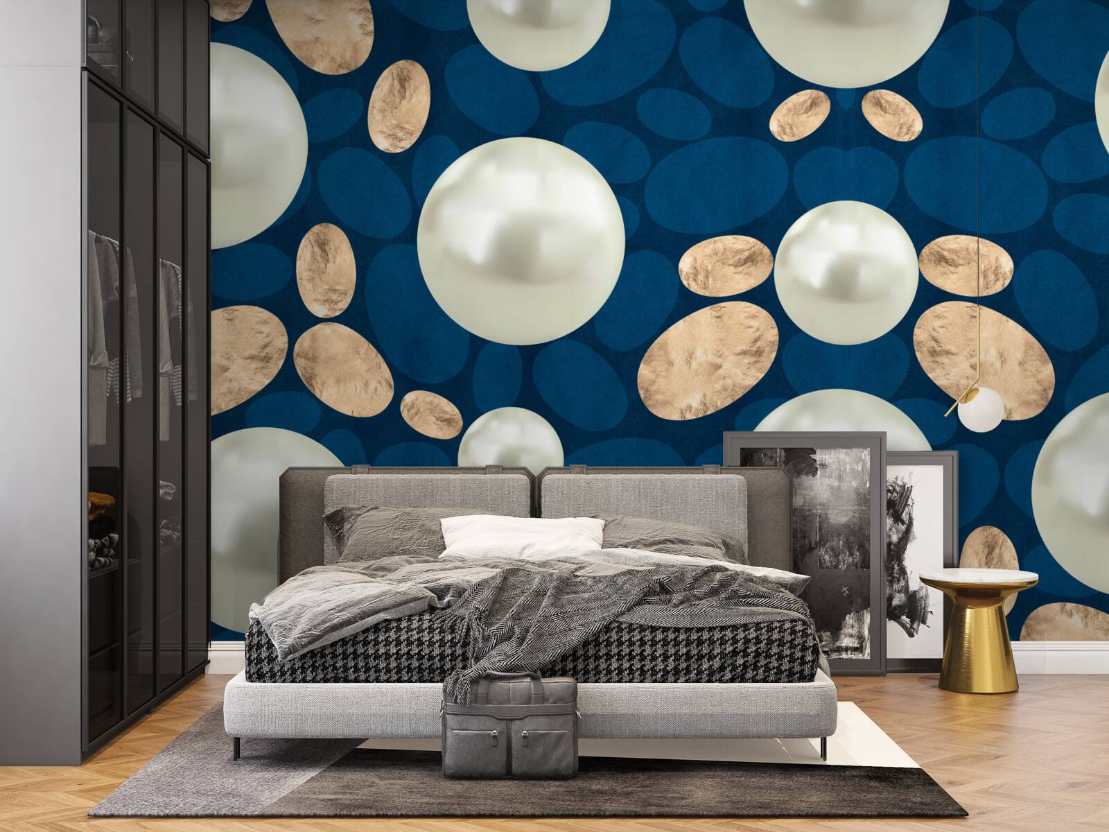 Papier peint cristaux d'or et perles blanches