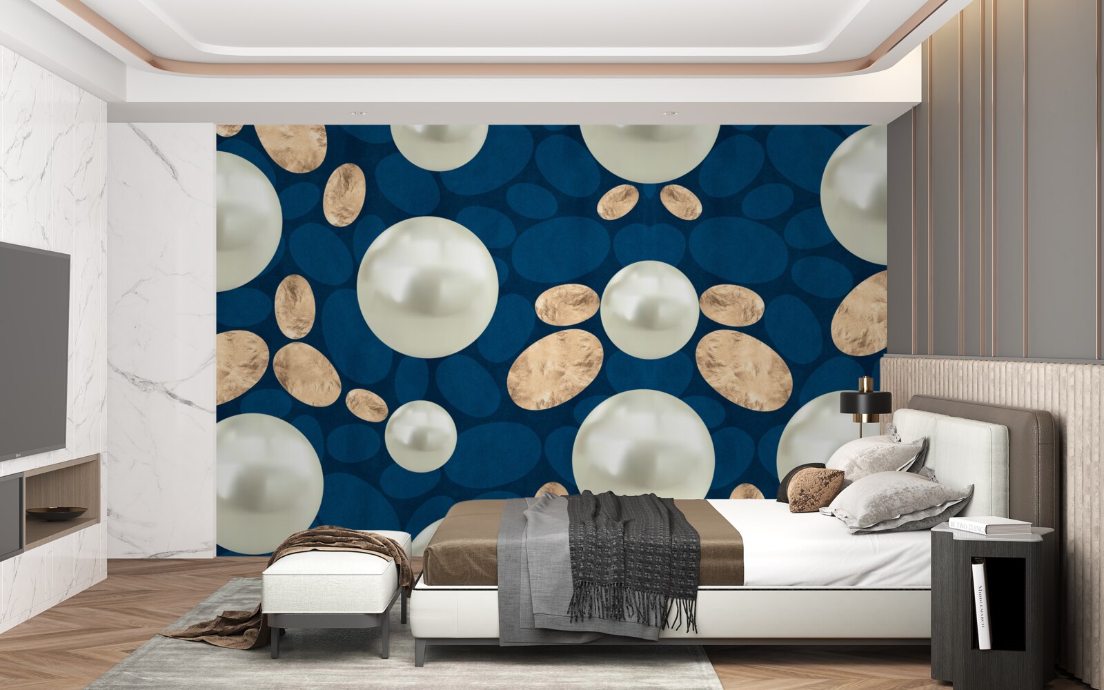 Papier peint cristaux d'or et perles blanches