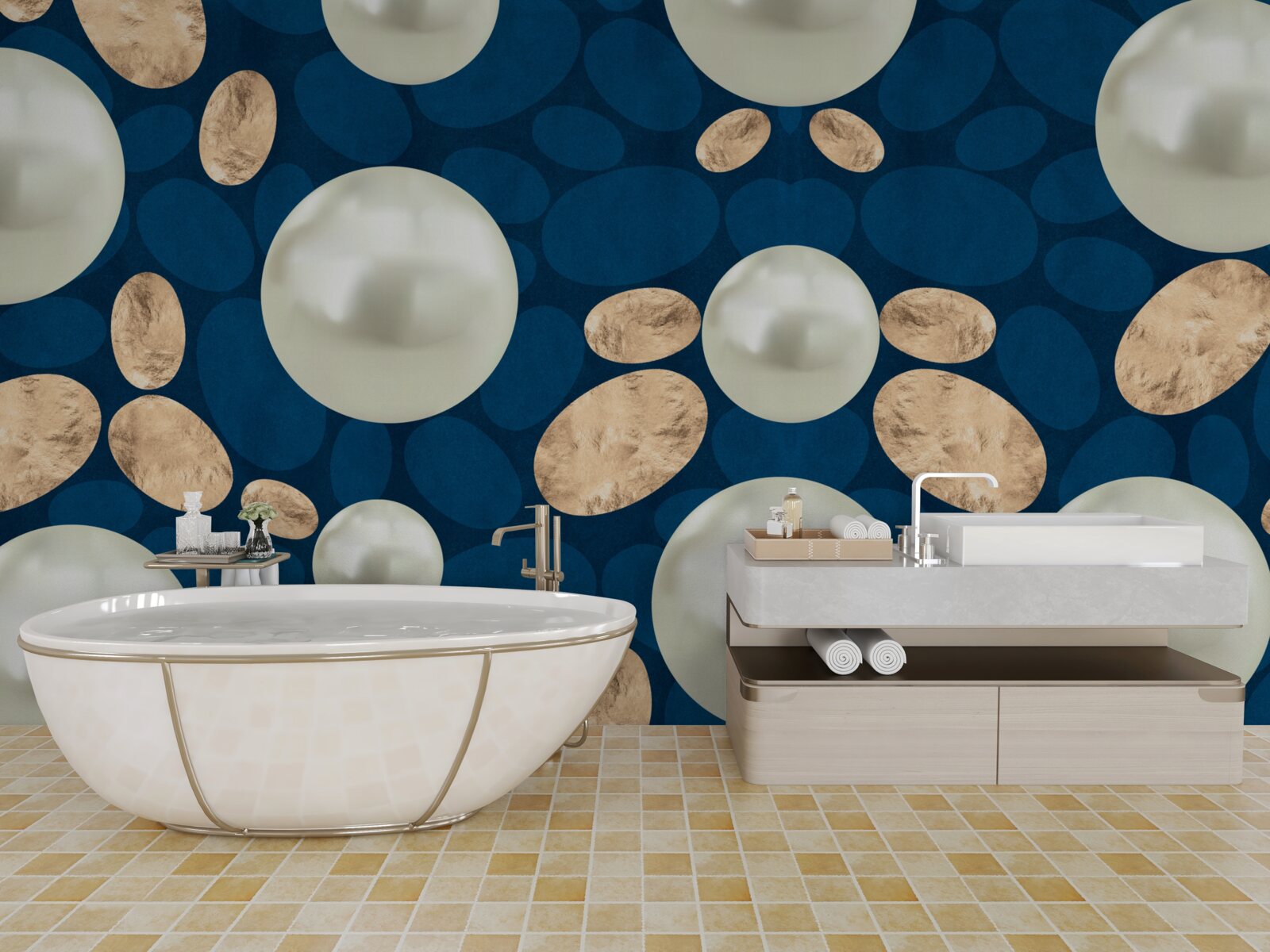 Papier peint cristaux d'or et perles blanches