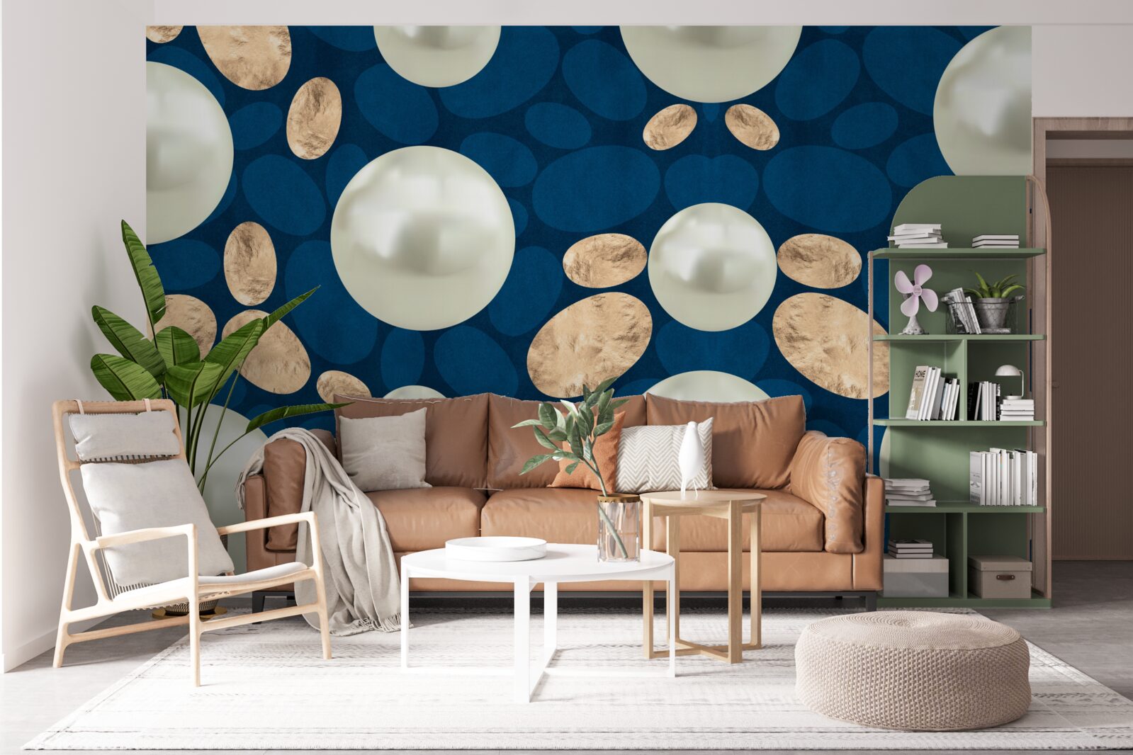 Papier peint cristaux d'or et perles blanches