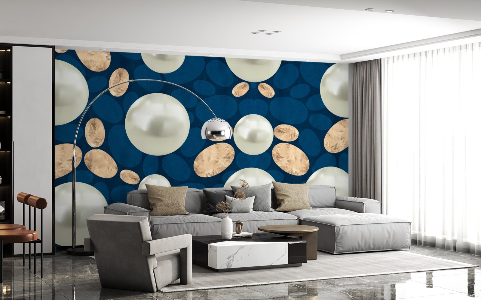 Papier peint cristaux d'or et perles blanches