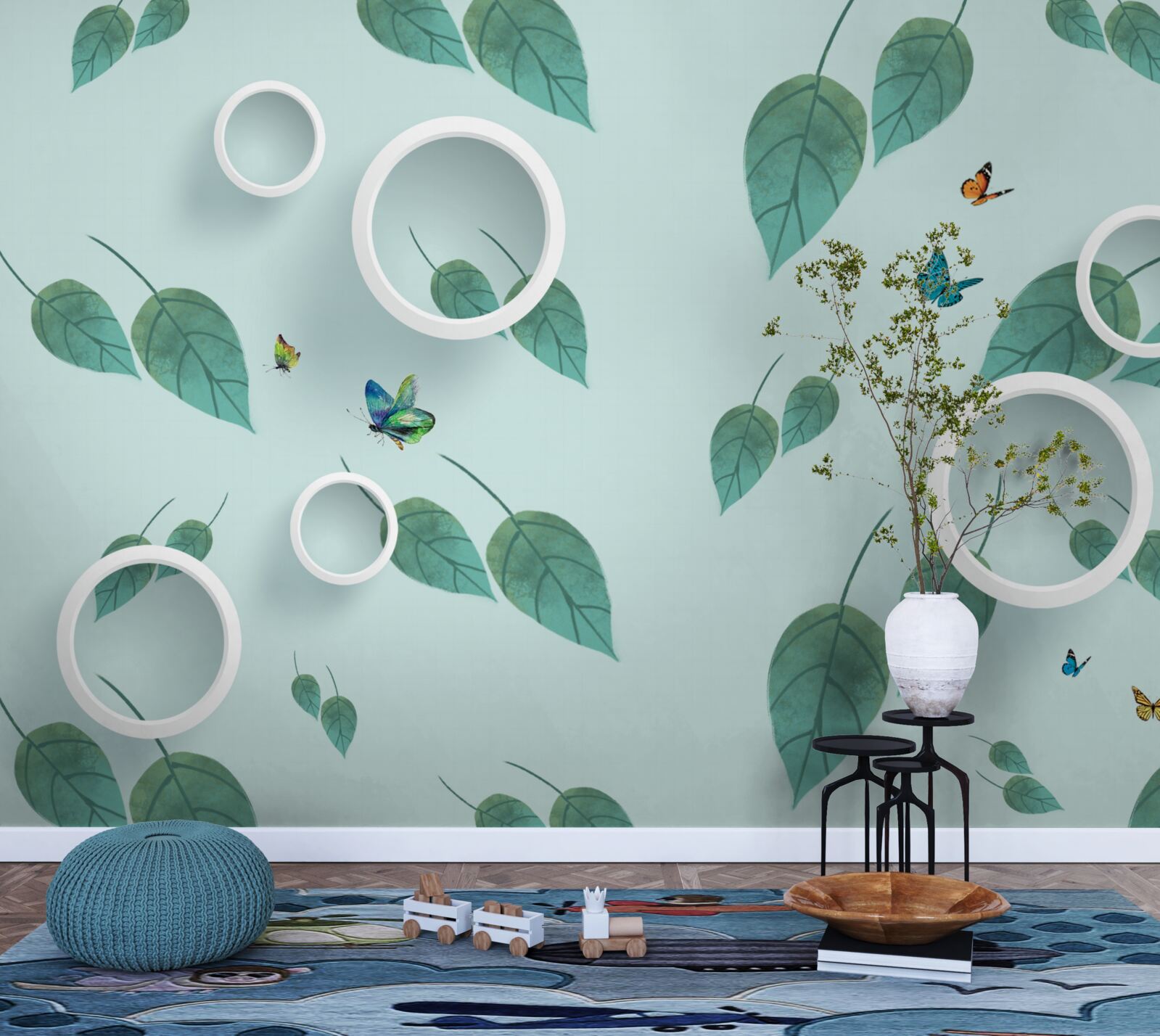 Papier peint Les lépidoptères parmi les feuilles vertes