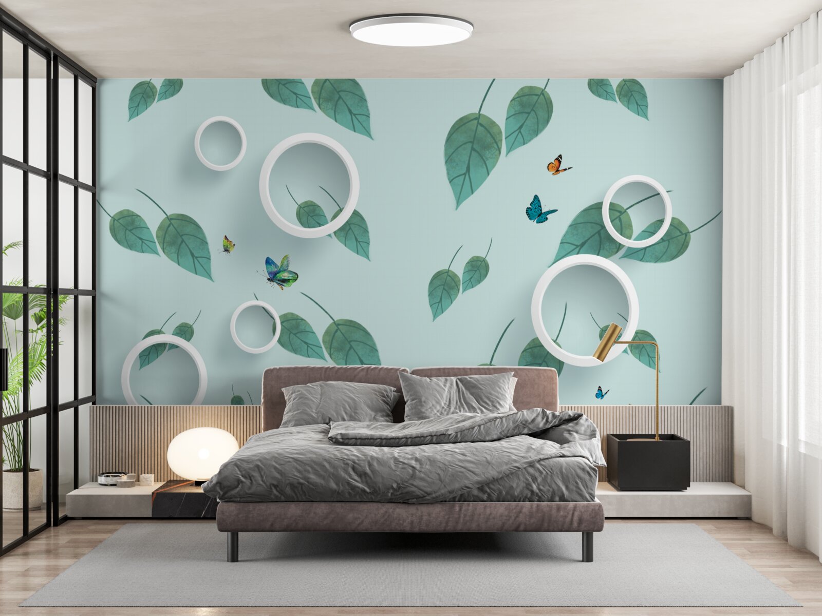 Papier peint Les lépidoptères parmi les feuilles vertes